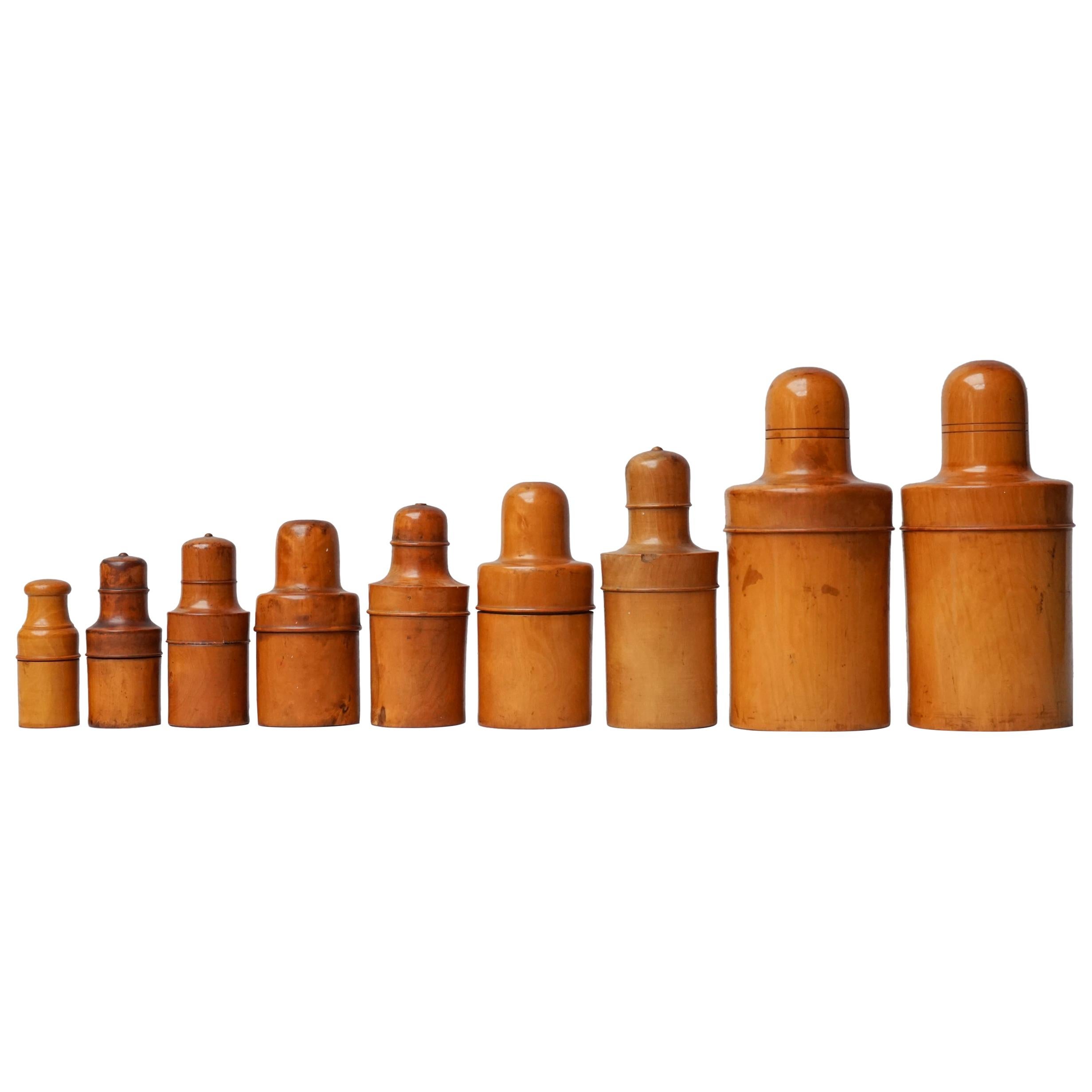 Set of Nine 19th C English Victorian Treen Ware Boxwood Medicine Bottle Holders For Sale