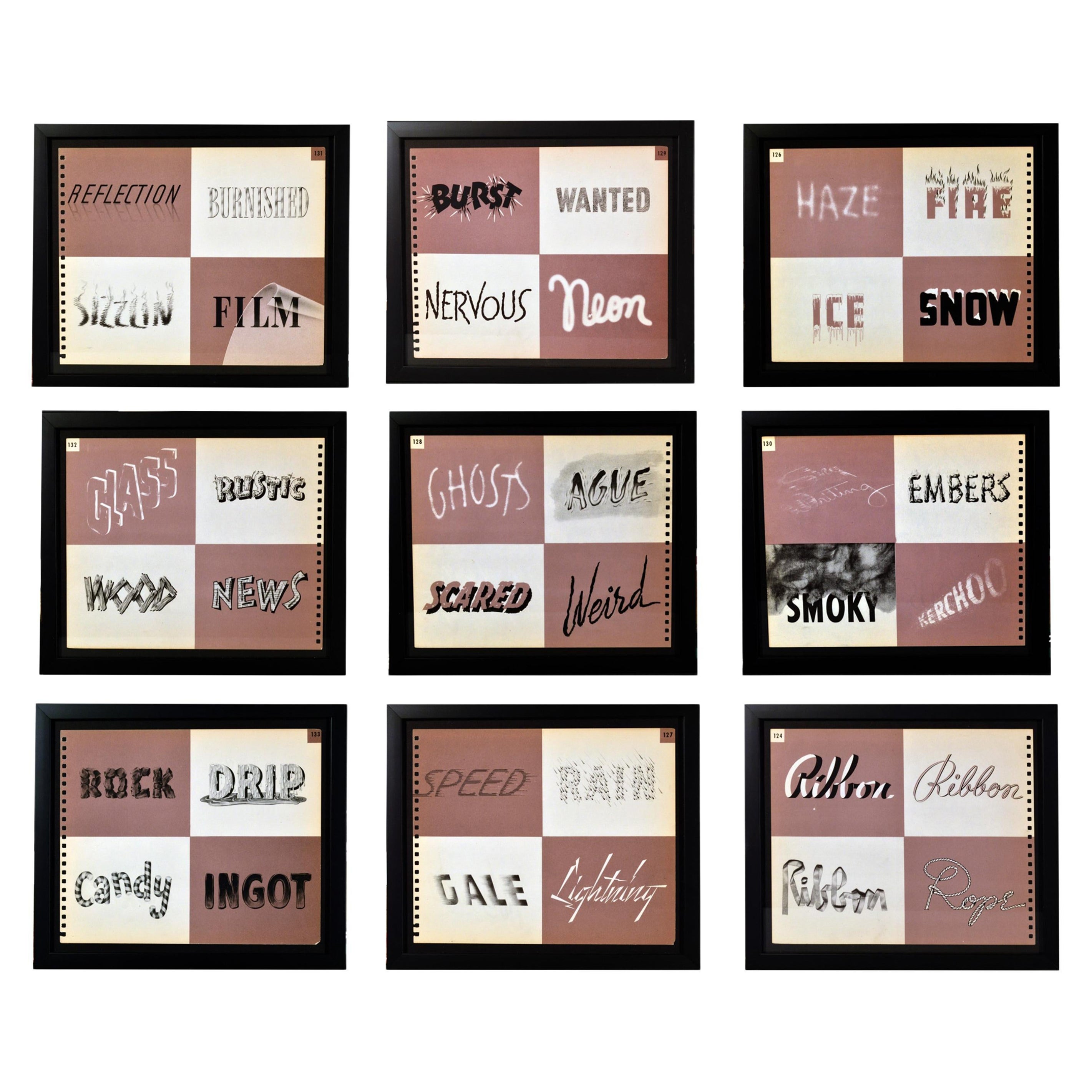 Ensemble de neuf pages de typographie américaine encadrées