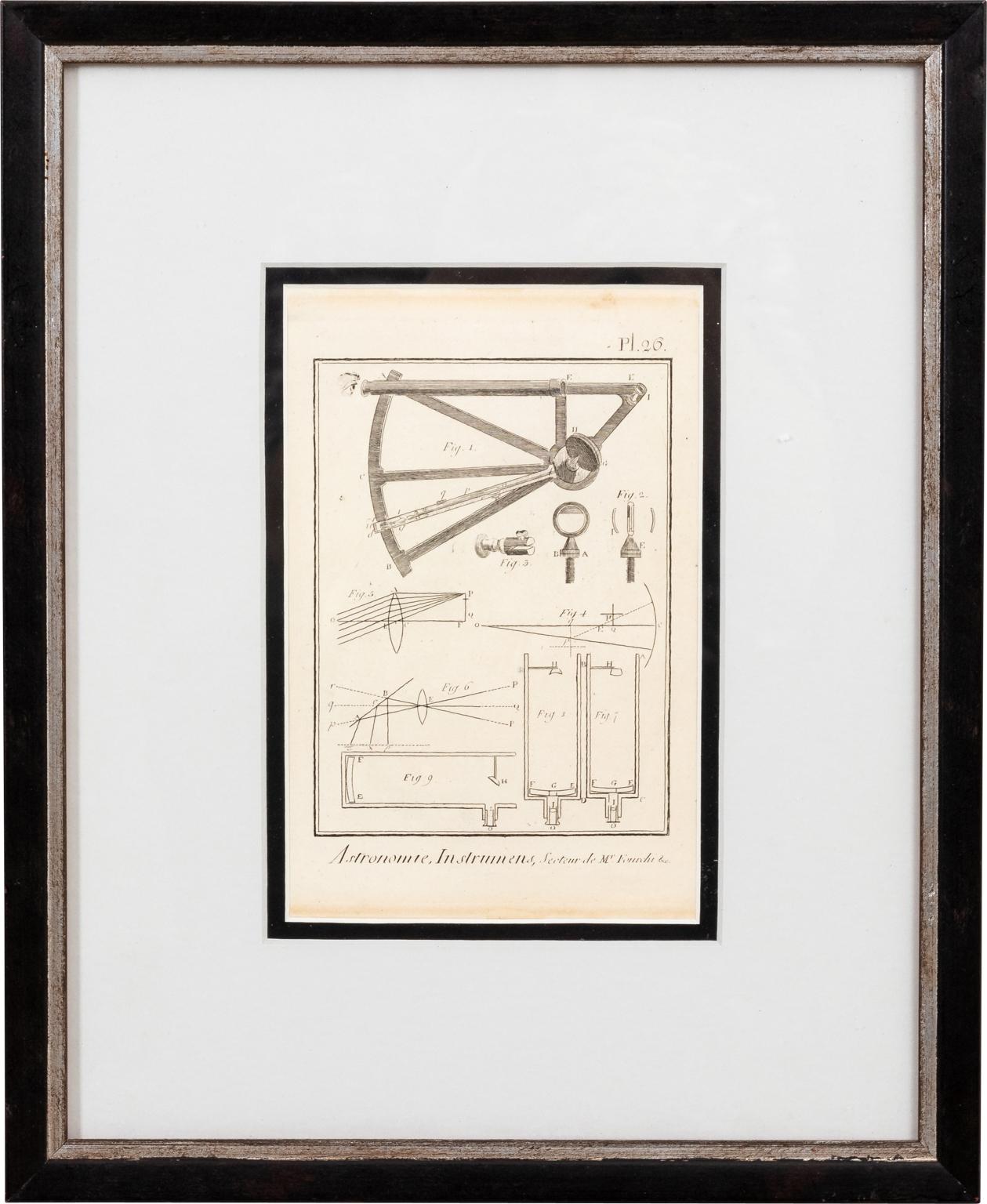 Glass Set of Nine Framed Astronomic Instruments Architectural Prints