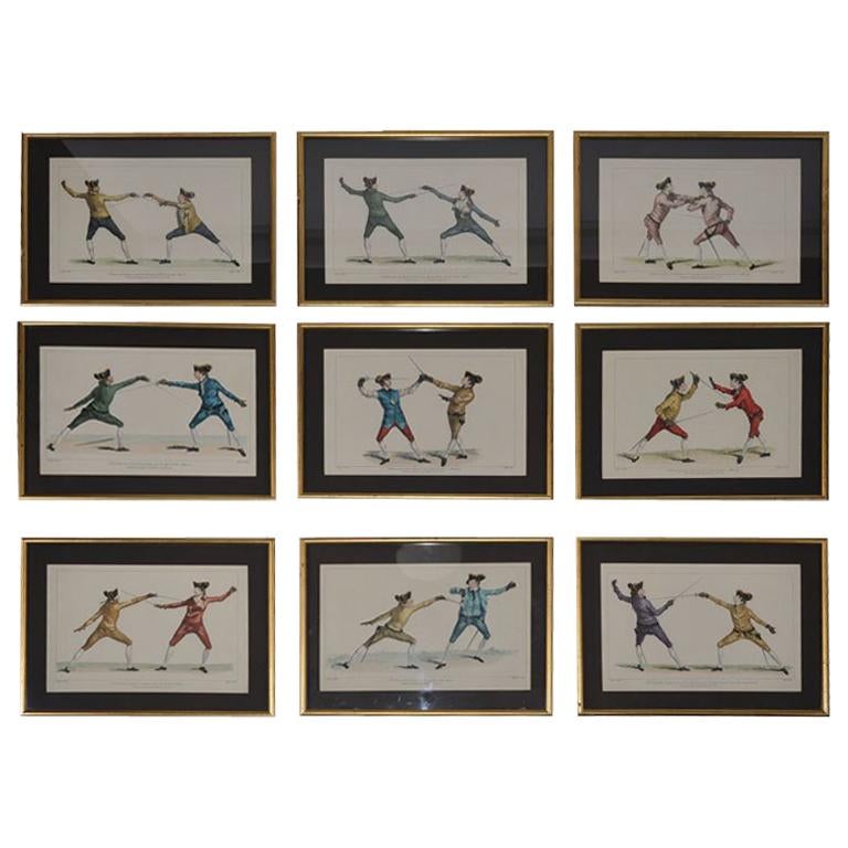Set of Nine Framed Hand Colored Etchings Depicting Fencing Positions For Sale