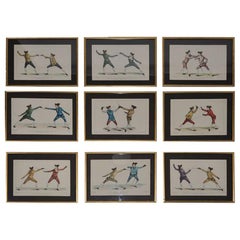 Set of Nine Framed Hand Colored Etchings Depicting Fencing Positions