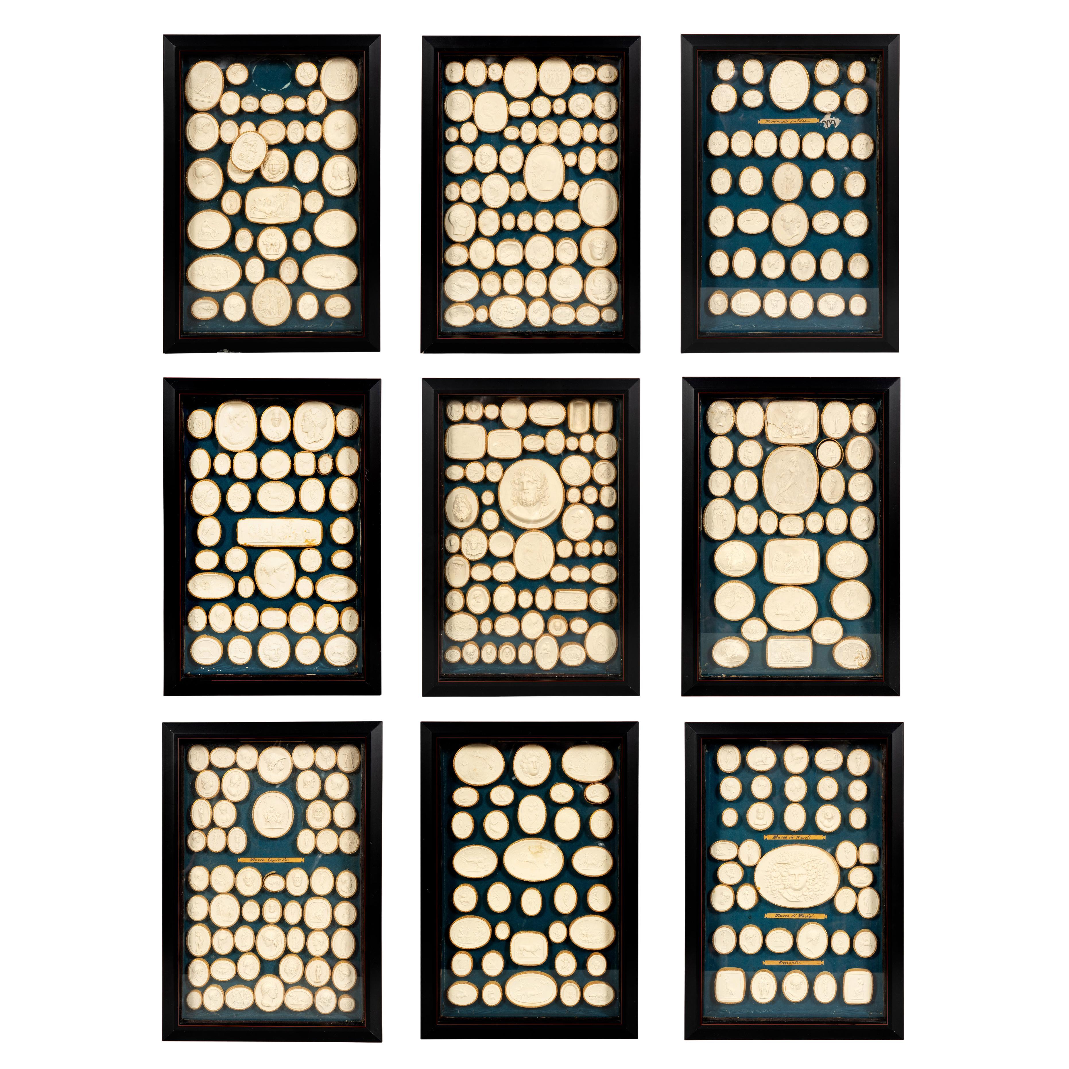 Set of Nine Framed Trays of Grand Tour Plaster Intaglios