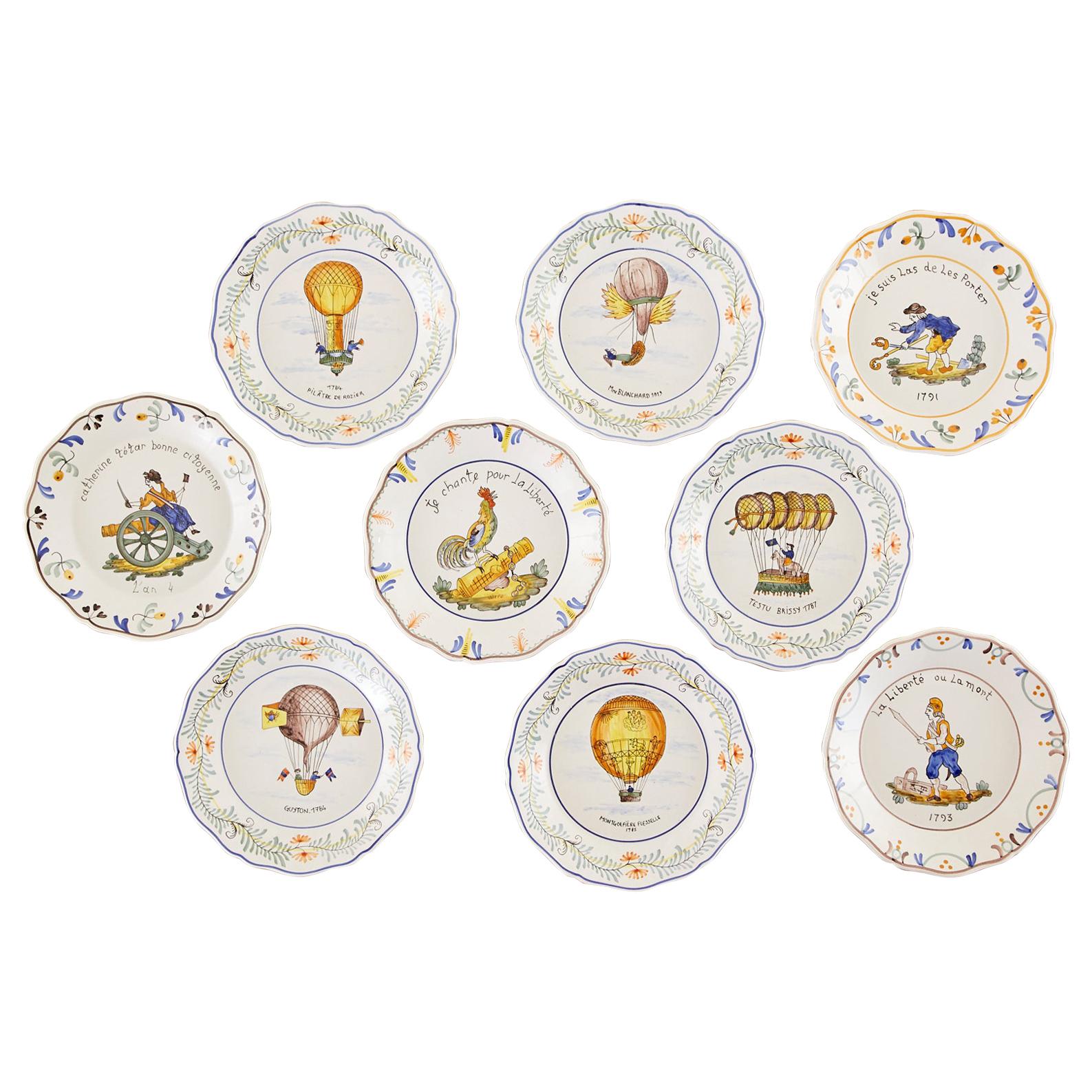 Set of Nine French Faience Hand Painted Plates