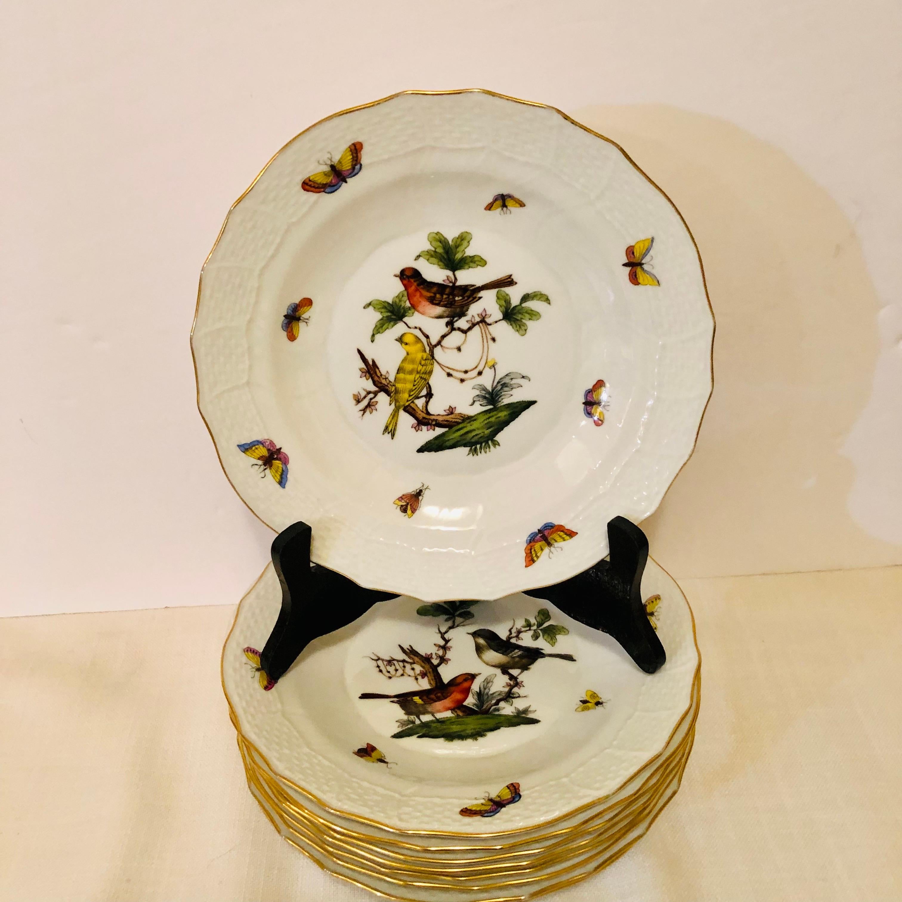 Romantic Set of Nine Herend Rothschild Bird Dessert Plates Painted with Different Birds