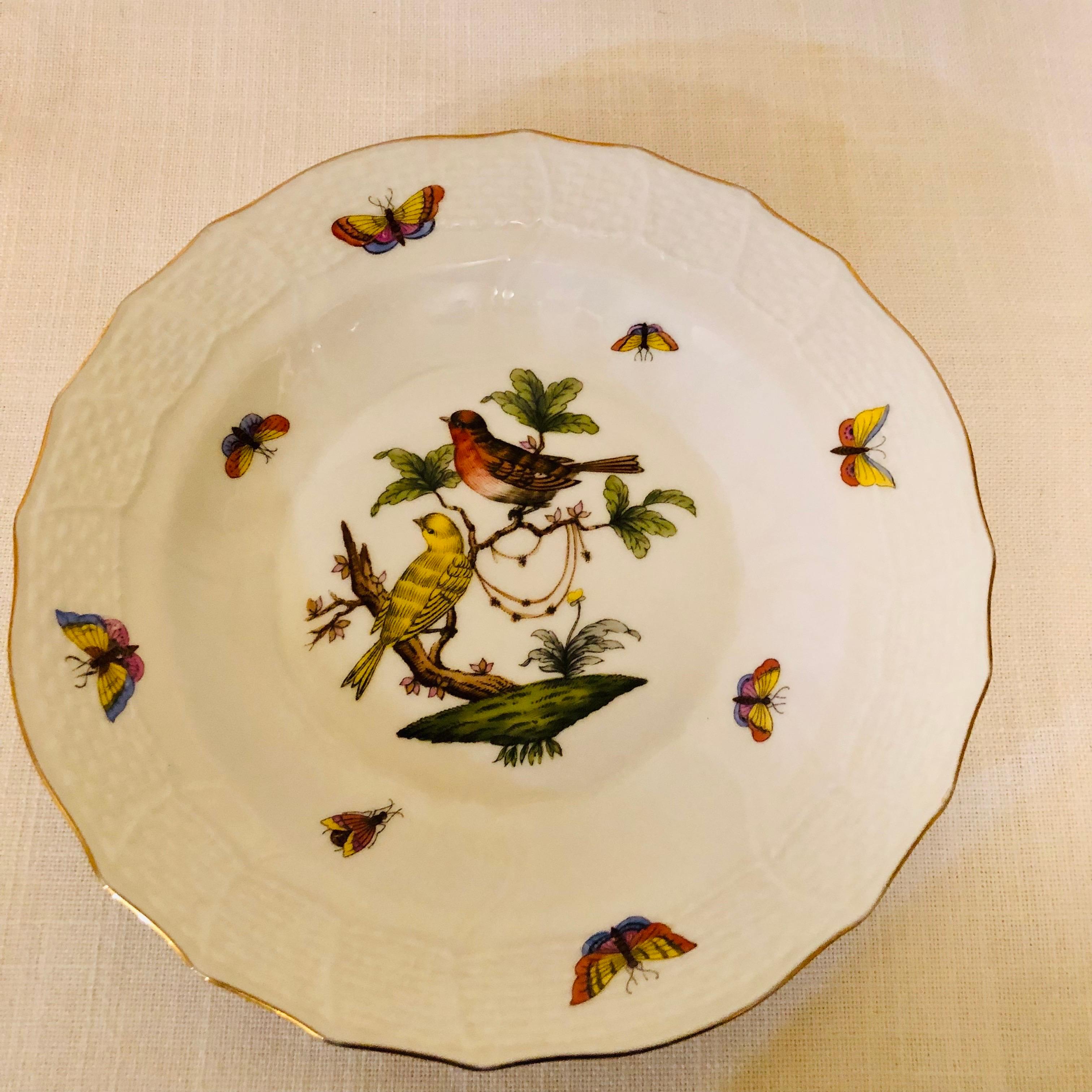 Hand-Painted Set of Nine Herend Rothschild Bird Dessert Plates Painted with Different Birds