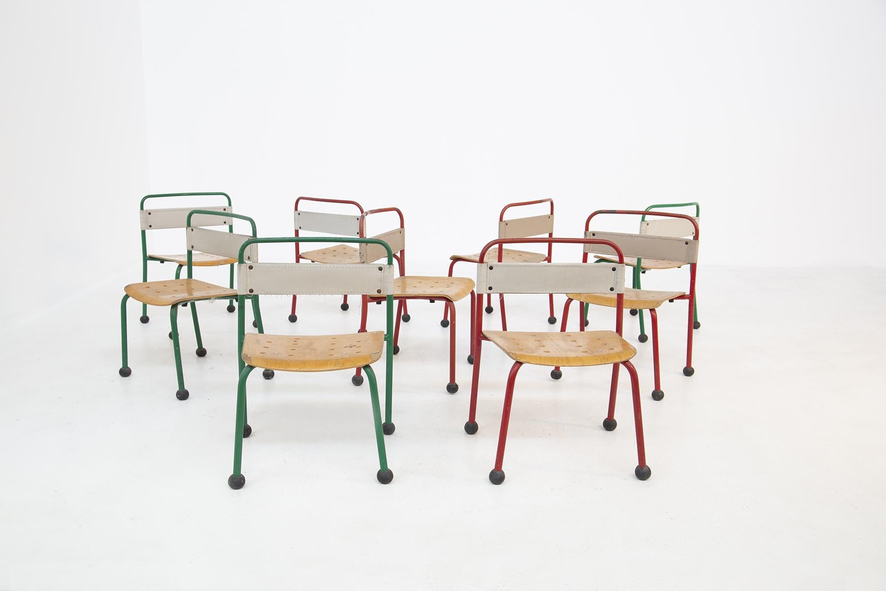 Mid-Century Modern Set of Nine French Children's Chairs Aluminium and Wood