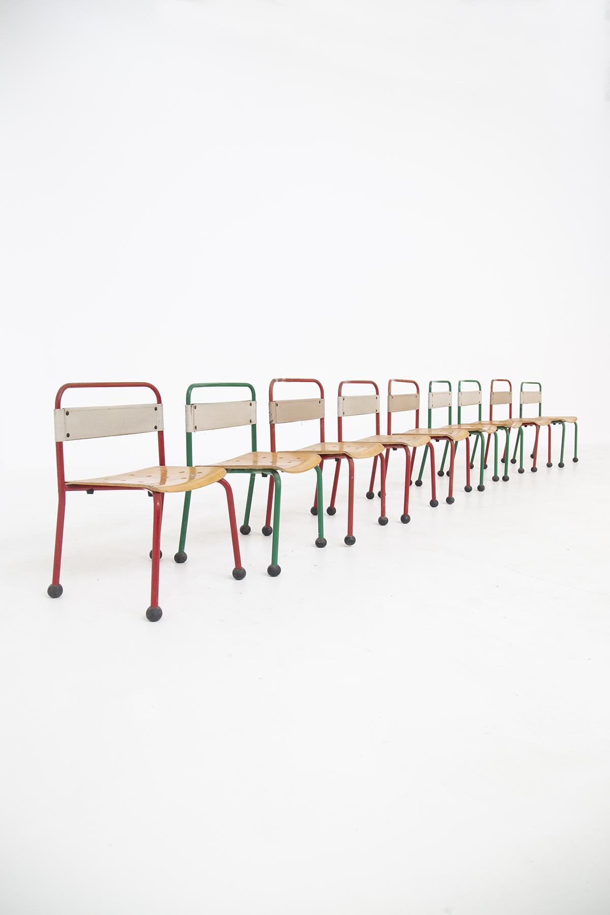 Set of Nine French Children's Chairs Aluminium and Wood In Good Condition In Milano, IT