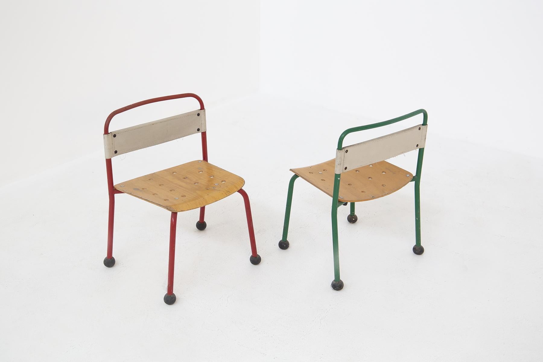 Mid-20th Century Set of Nine French Children's Chairs Aluminium and Wood