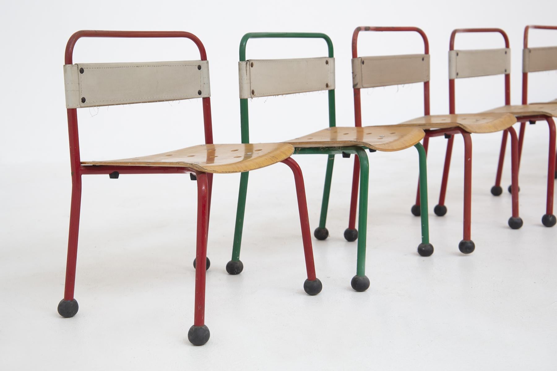 Aluminum Set of Nine French Children's Chairs Aluminium and Wood