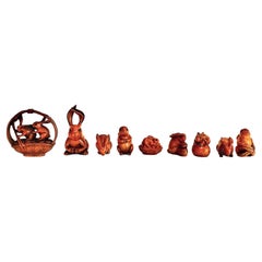 Set of Nine Japanese Netsuke Rabbits from the Showa Era
