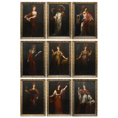Set of Nine, Large Early 18th Century Oil on Canvas Paintings of Various Sibyls