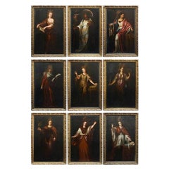 Vintage Set of Nine, Large Early 18th Century Oil on Canvas Paintings of Various Sibyls