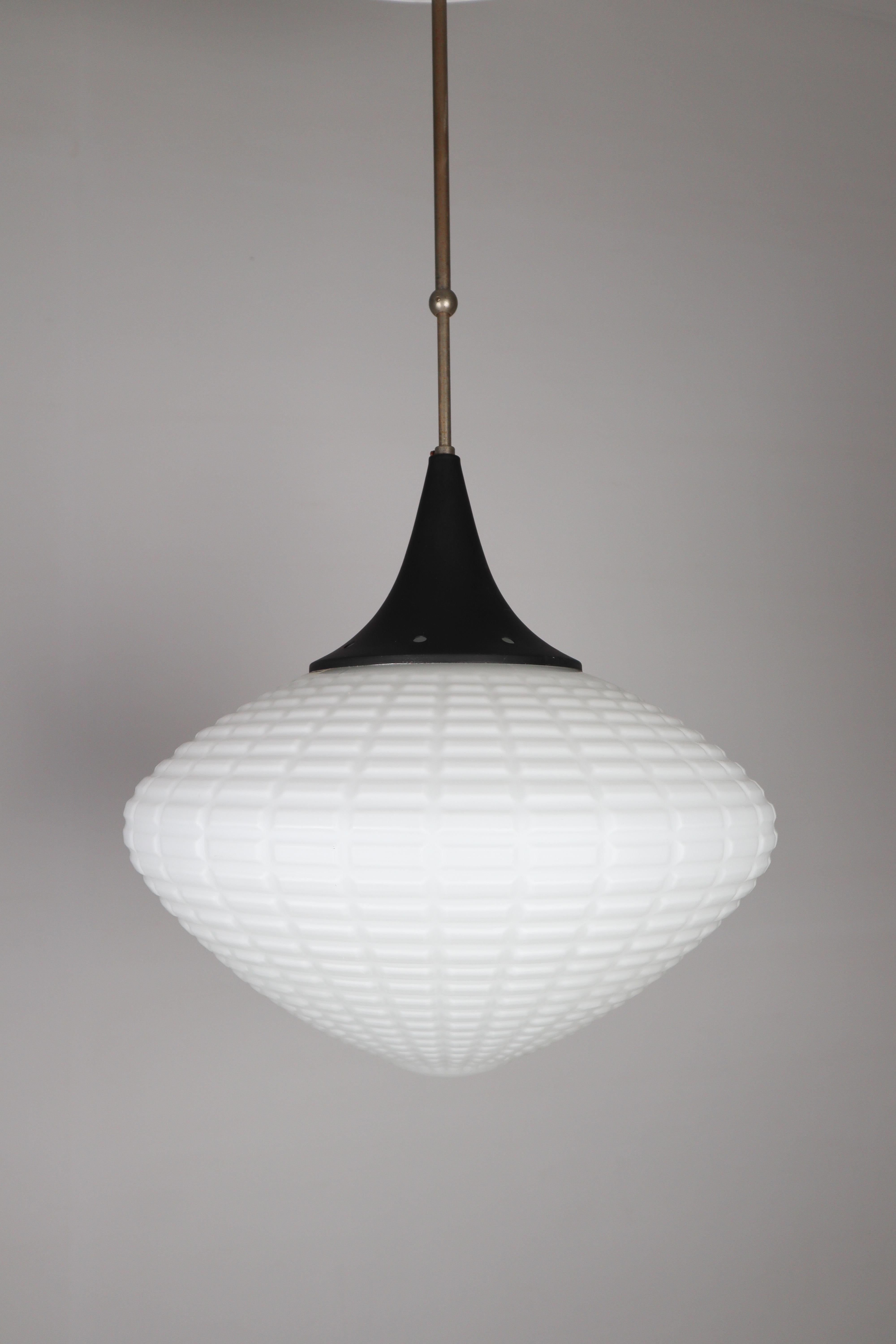 Czech 1 of 9  Large Midcentury Pendants, Structured Opaline Glass, Europe, 1960s