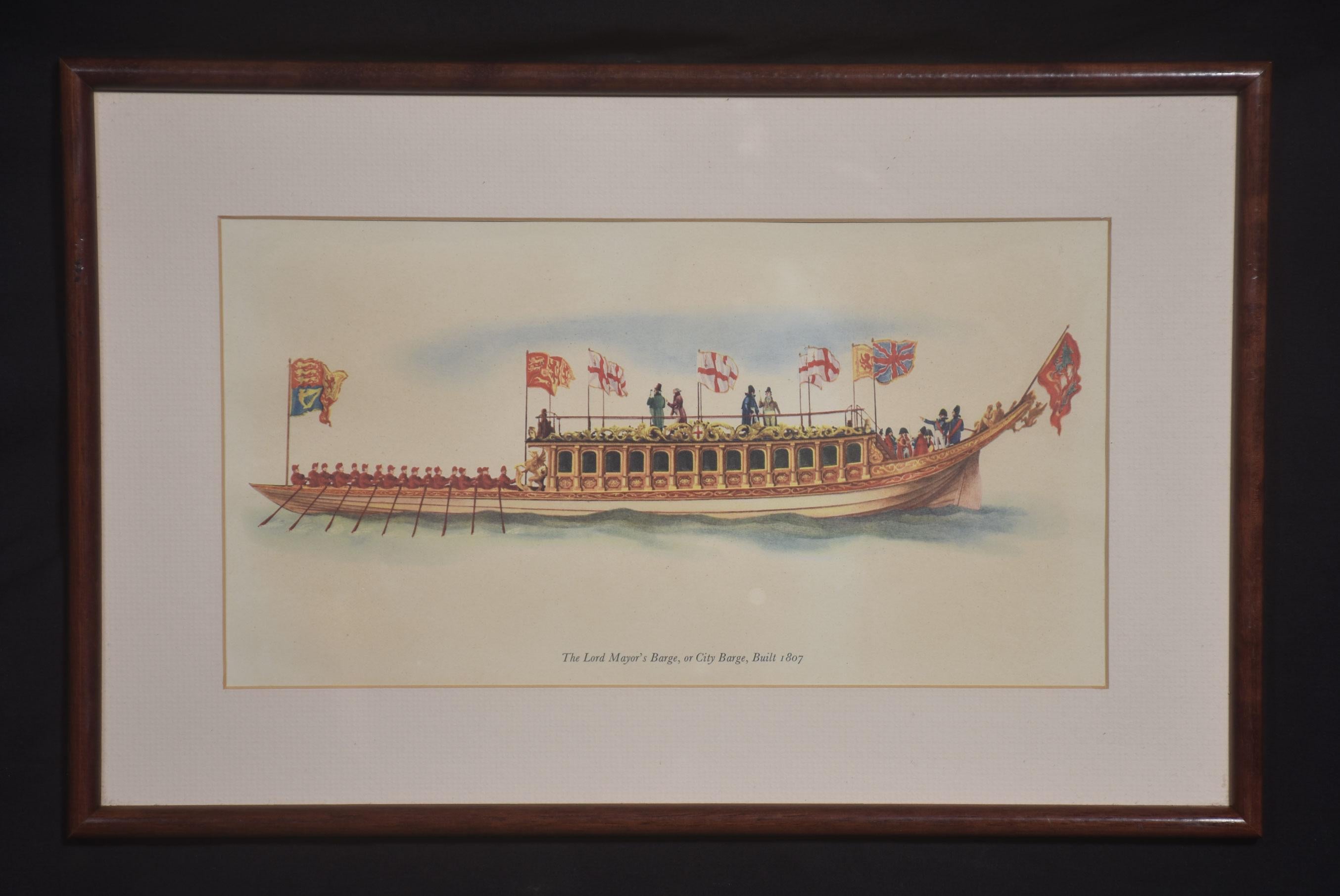 Set of Nine Livery Company Barges Lithographs encased in mahogany glazed frames.
Frame Dimensions
Height 12 Inches
Width 18.5 Inches
Depth 1 Inch