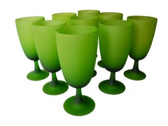 Set of Nine Modern Italian 20th Century Dinner Stemmed Glasses of Frosted Green