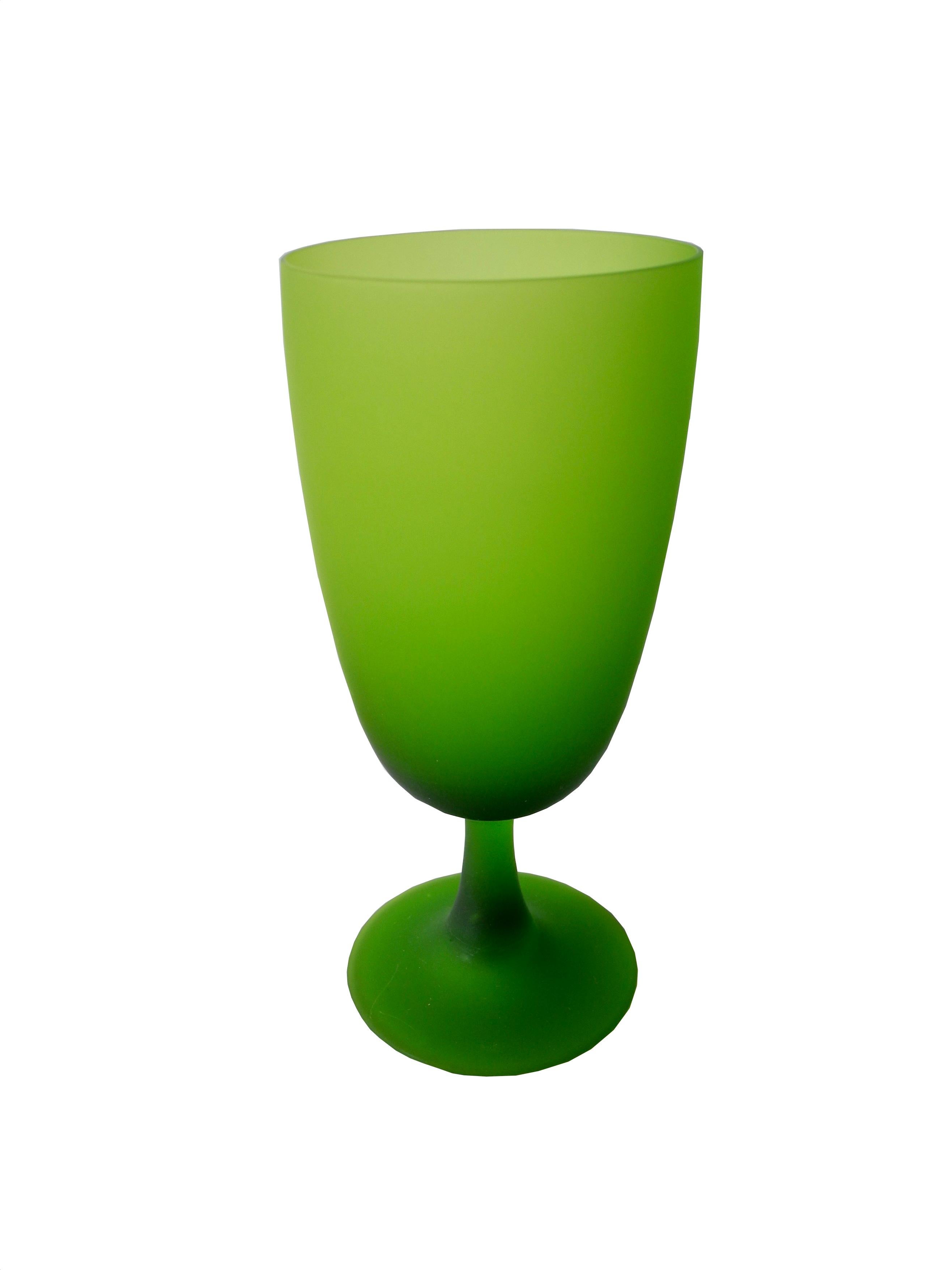 Blown Glass Set of Nine Modern Italian 20th Century Dinner Stemmed Glasses of Frosted Green For Sale