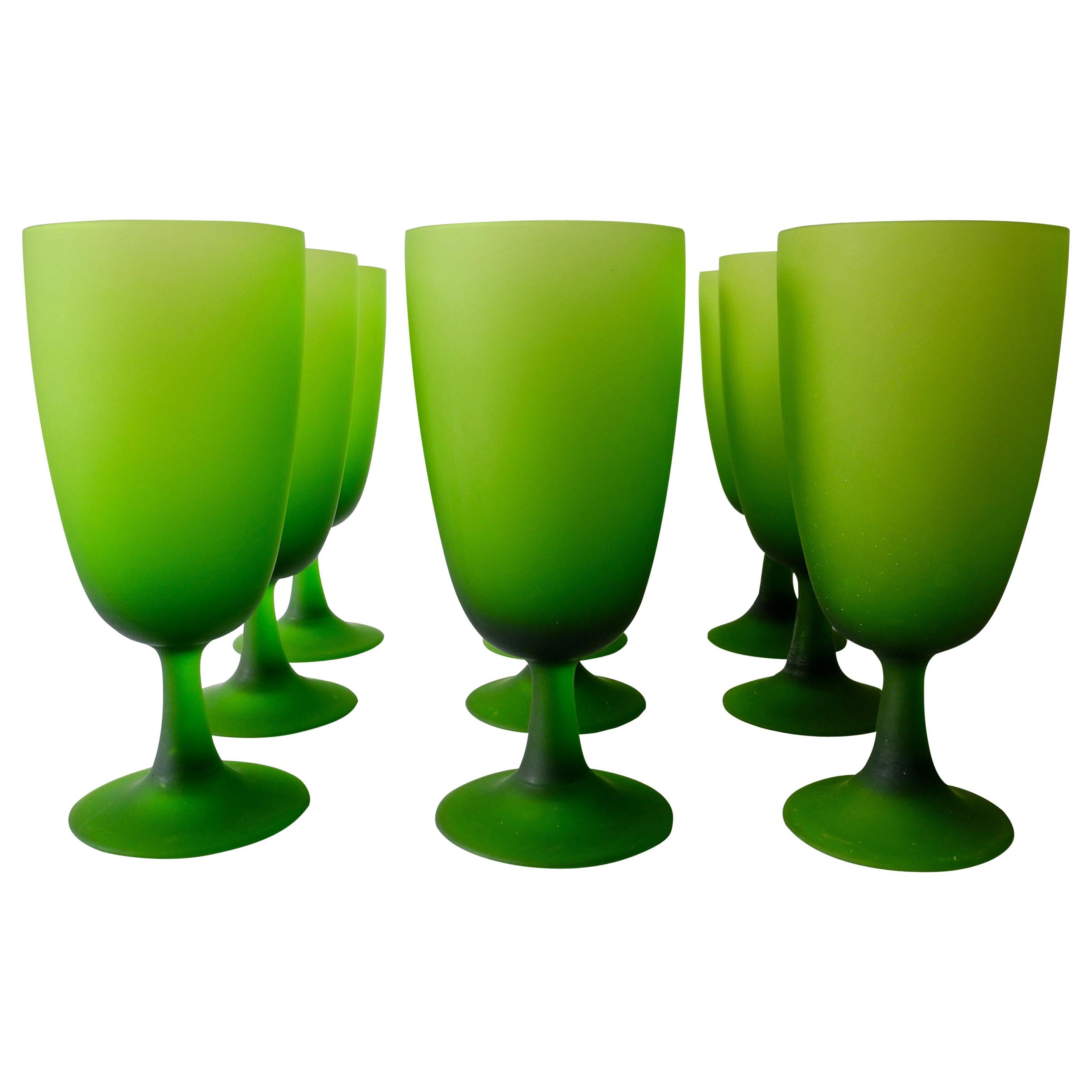 Set of Nine Modern Italian 20th Century Dinner Stemmed Glasses of Frosted Green For Sale