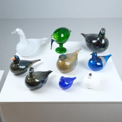 Set of Nine Oiva Toikka Birds, Green Ibis, Swan, Dotterel, Iittala & Nuutajärvi