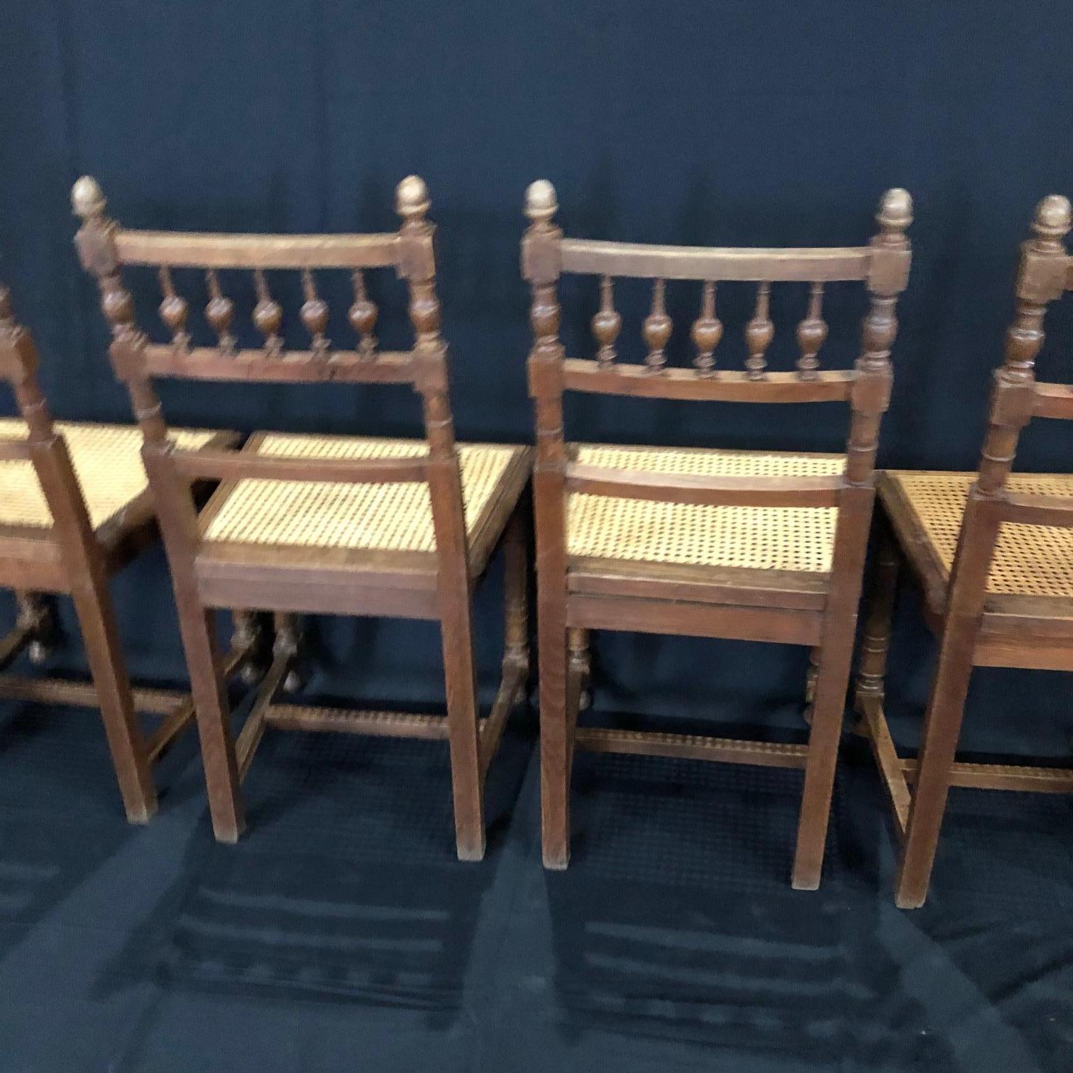 Set of Nine Period French Henri II Oak and Caned Dining Chairs For Sale 8