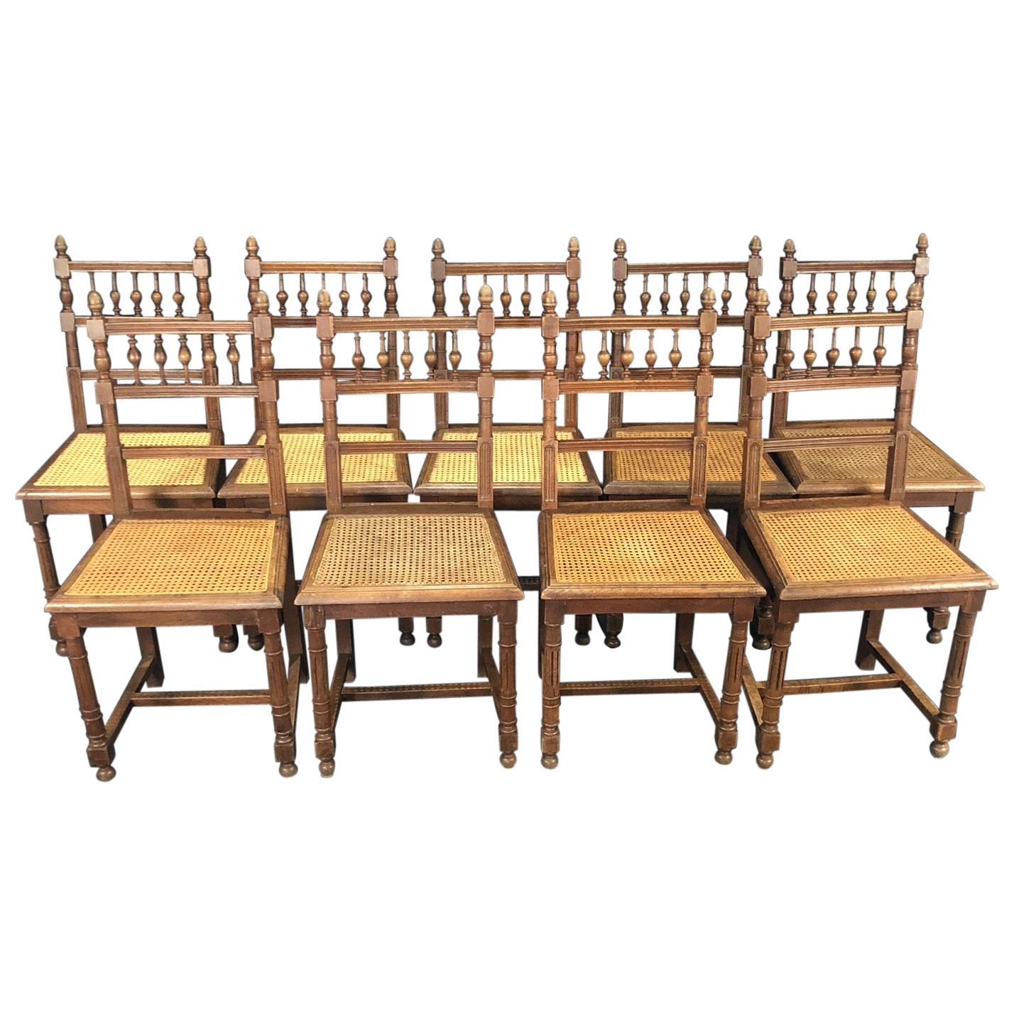 Set of Nine Period French Henri II Oak and Caned Dining Chairs