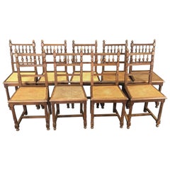 Vintage Set of Nine Period French Henri II Oak and Caned Dining Chairs