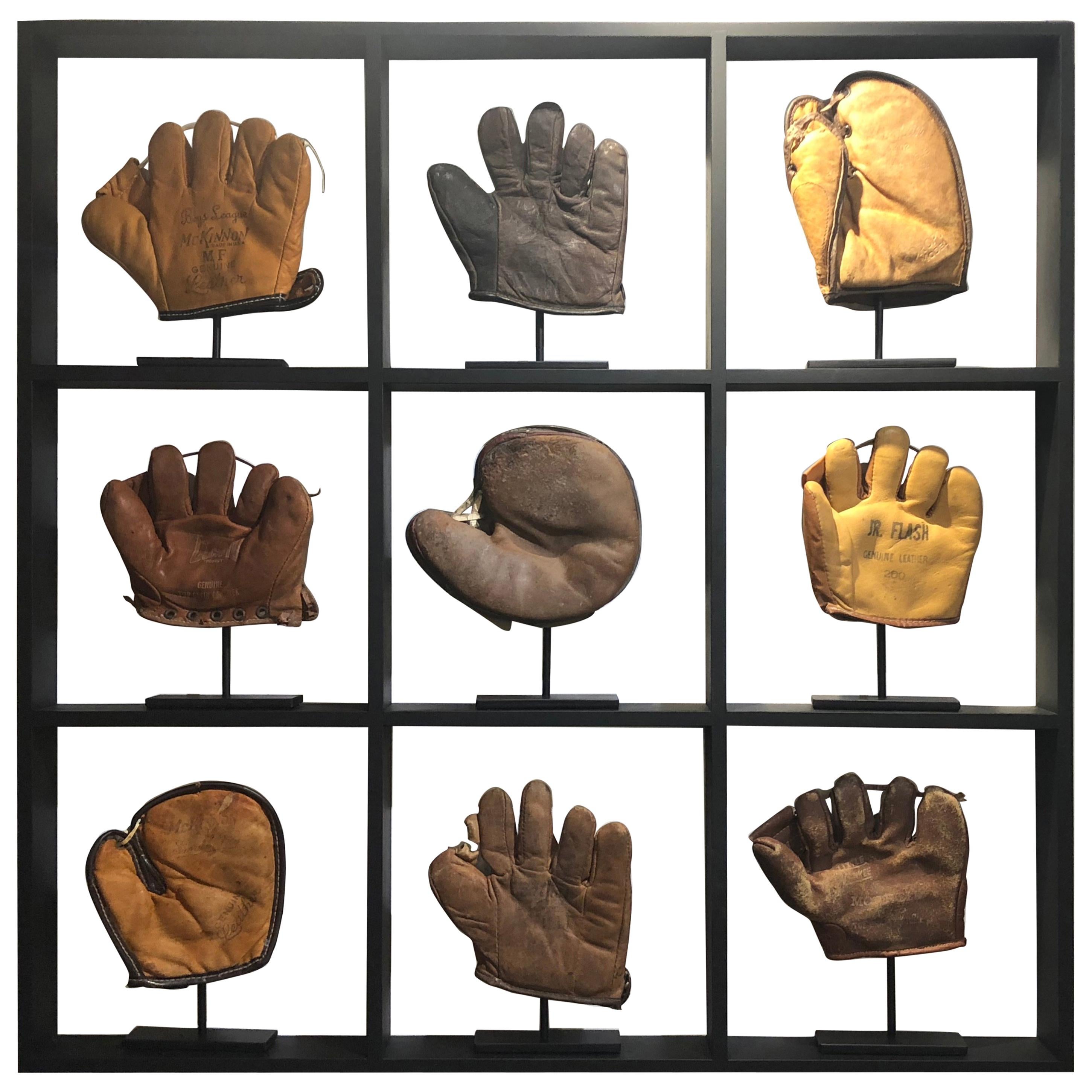 Set of Nine Rare Antique Small Children's Baseball Gloves