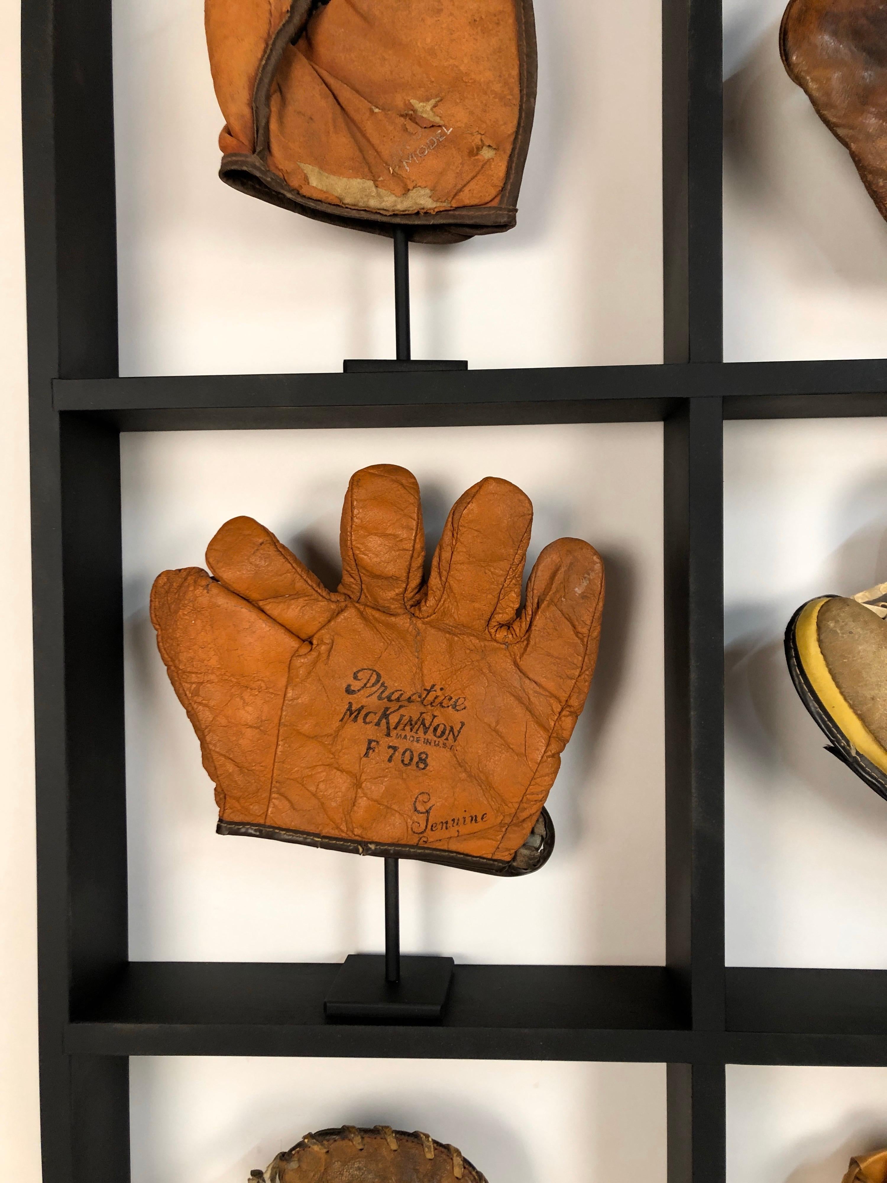 Leather Set of Nine Rare Antique Small Children's Baseball Gloves in Custom Shadow Box