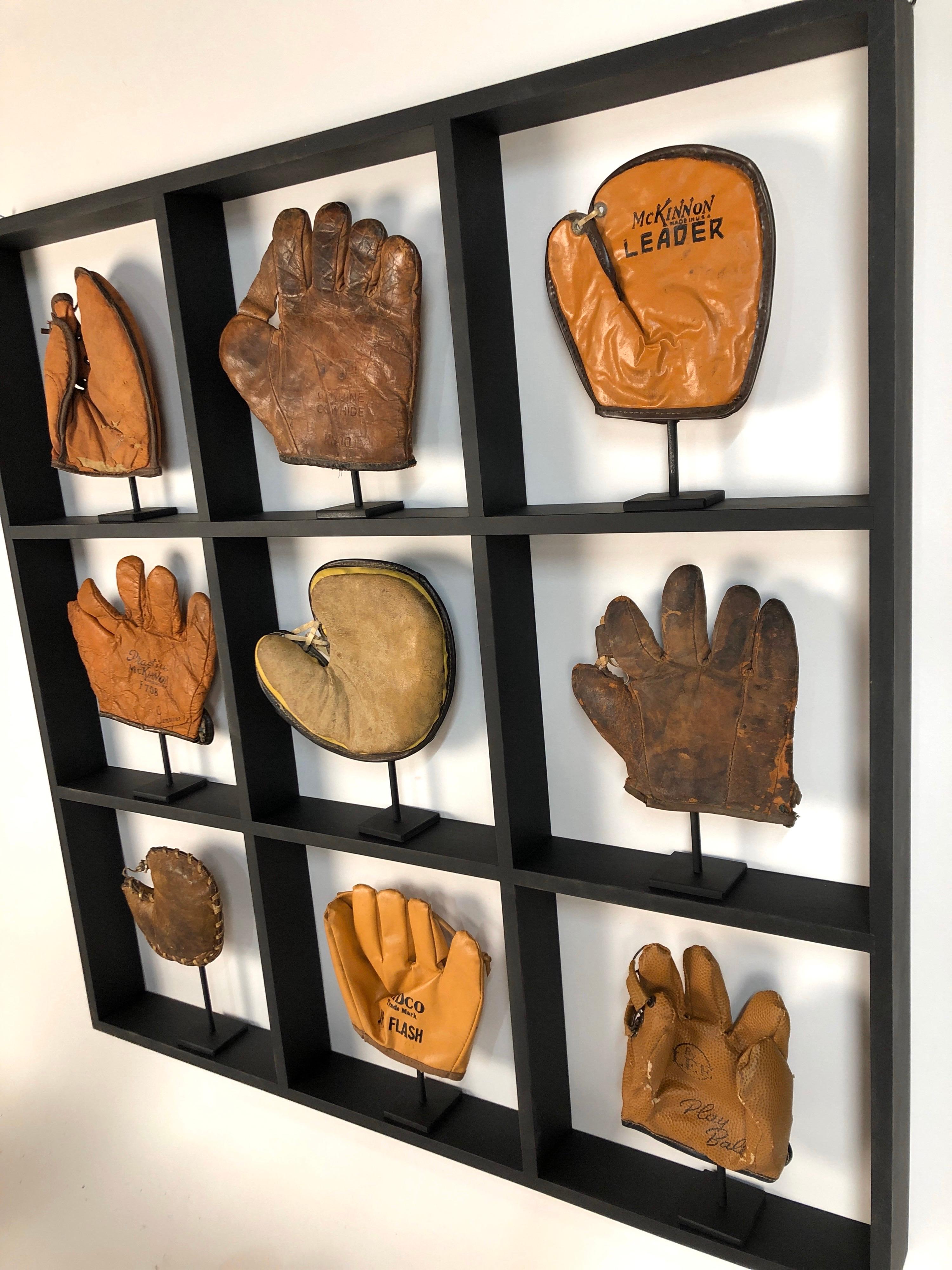 Set of nine rare antique small children's baseball glove collection. Approximately 6-7