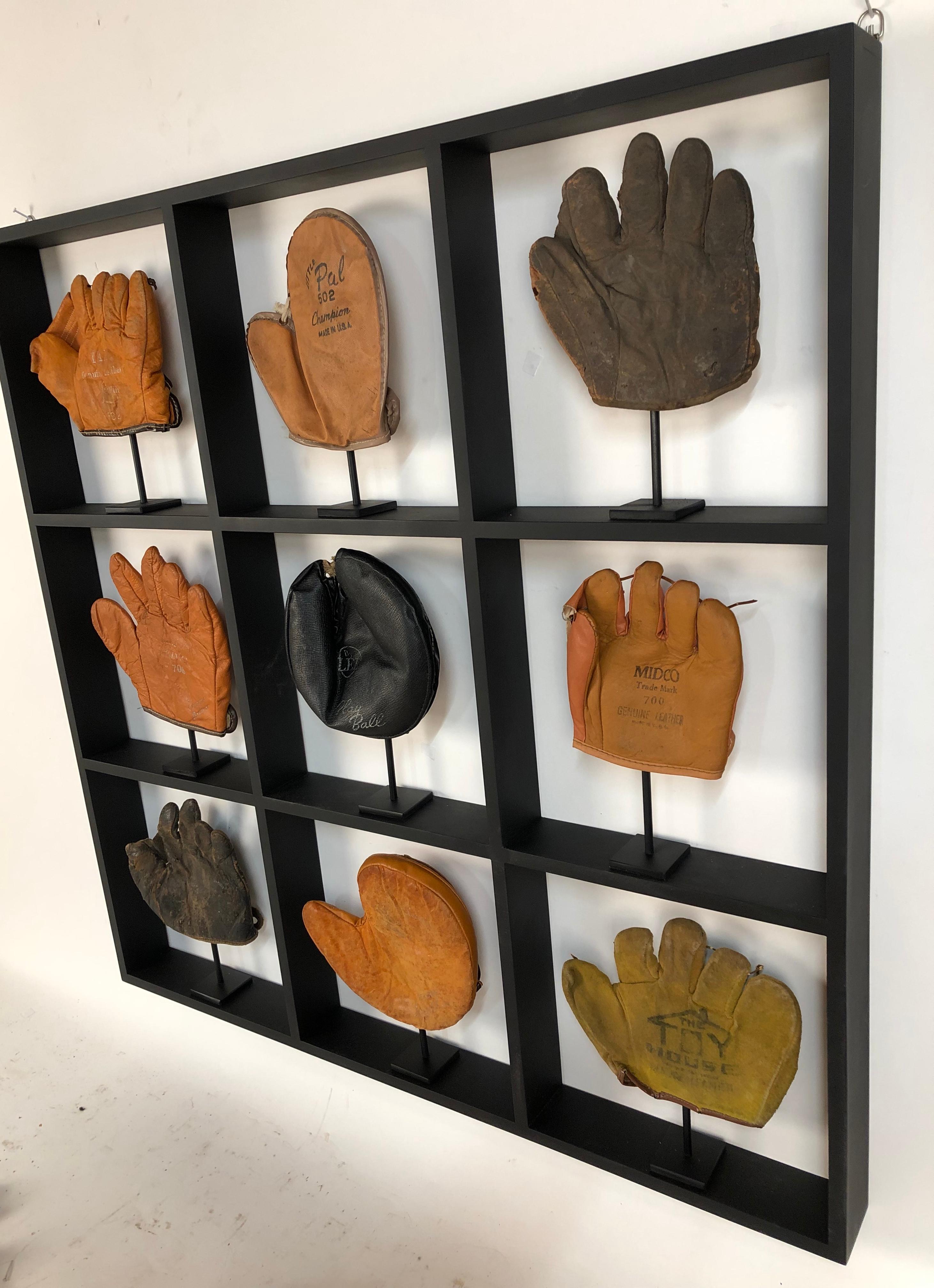 Set of nine rare antique small children's baseball glove collection. Approximately 6-7