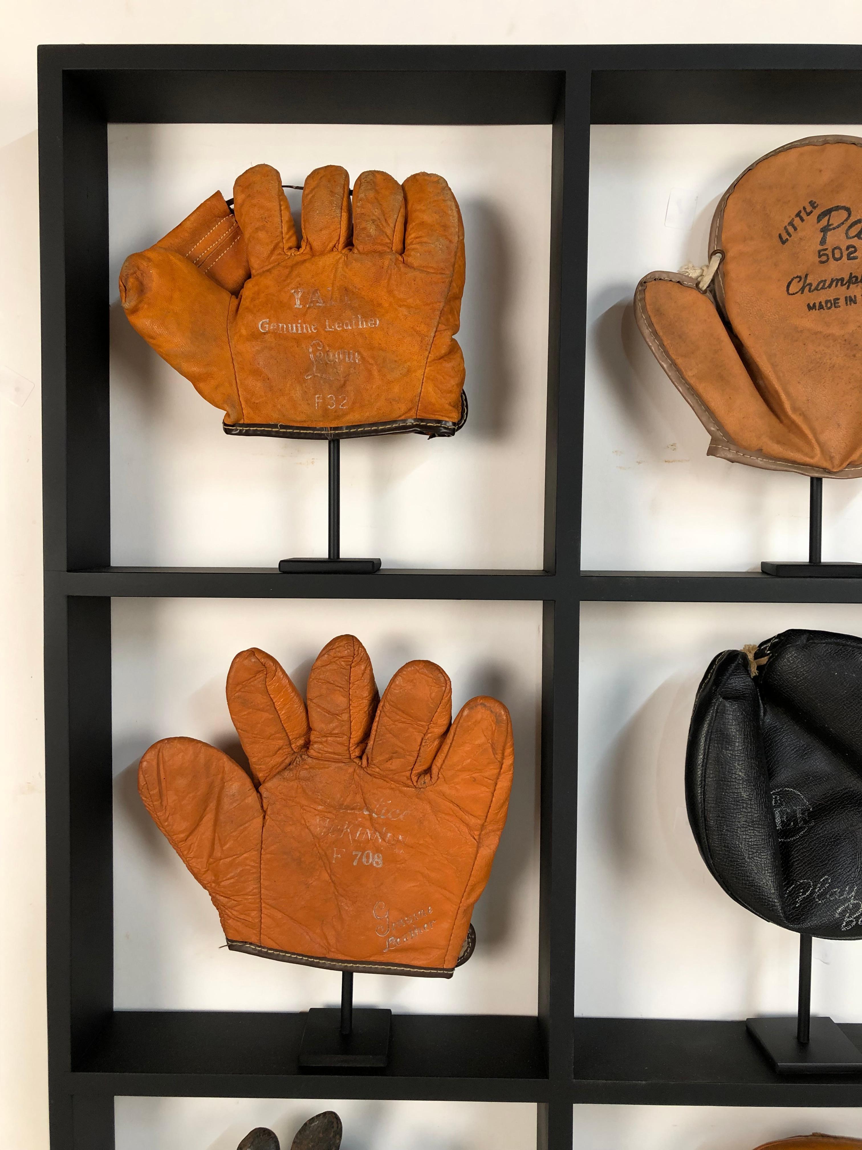 Folk Art Set of Nine Rare Antique Small Children's Baseball Gloves in Custom Shadow Box