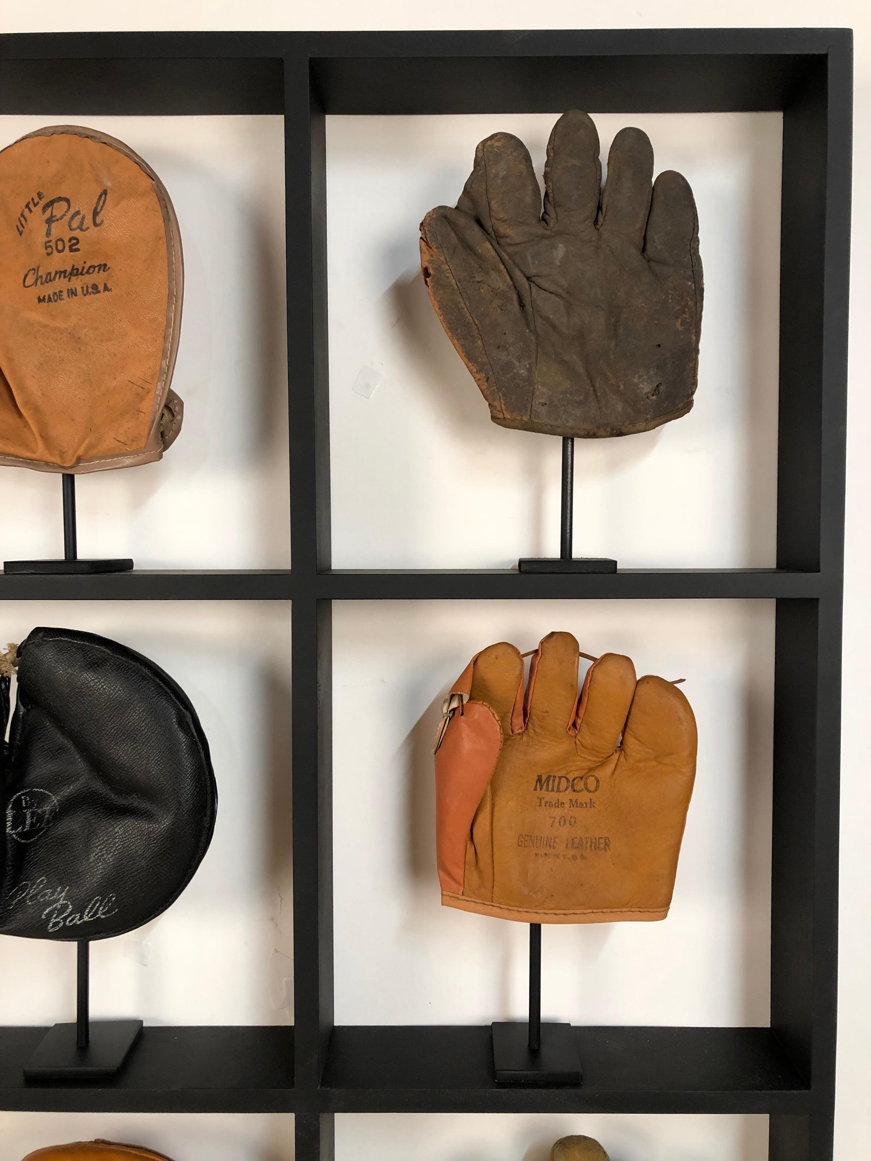 North American Set of Nine Rare Antique Small Children's Baseball Gloves in Custom Shadow Box