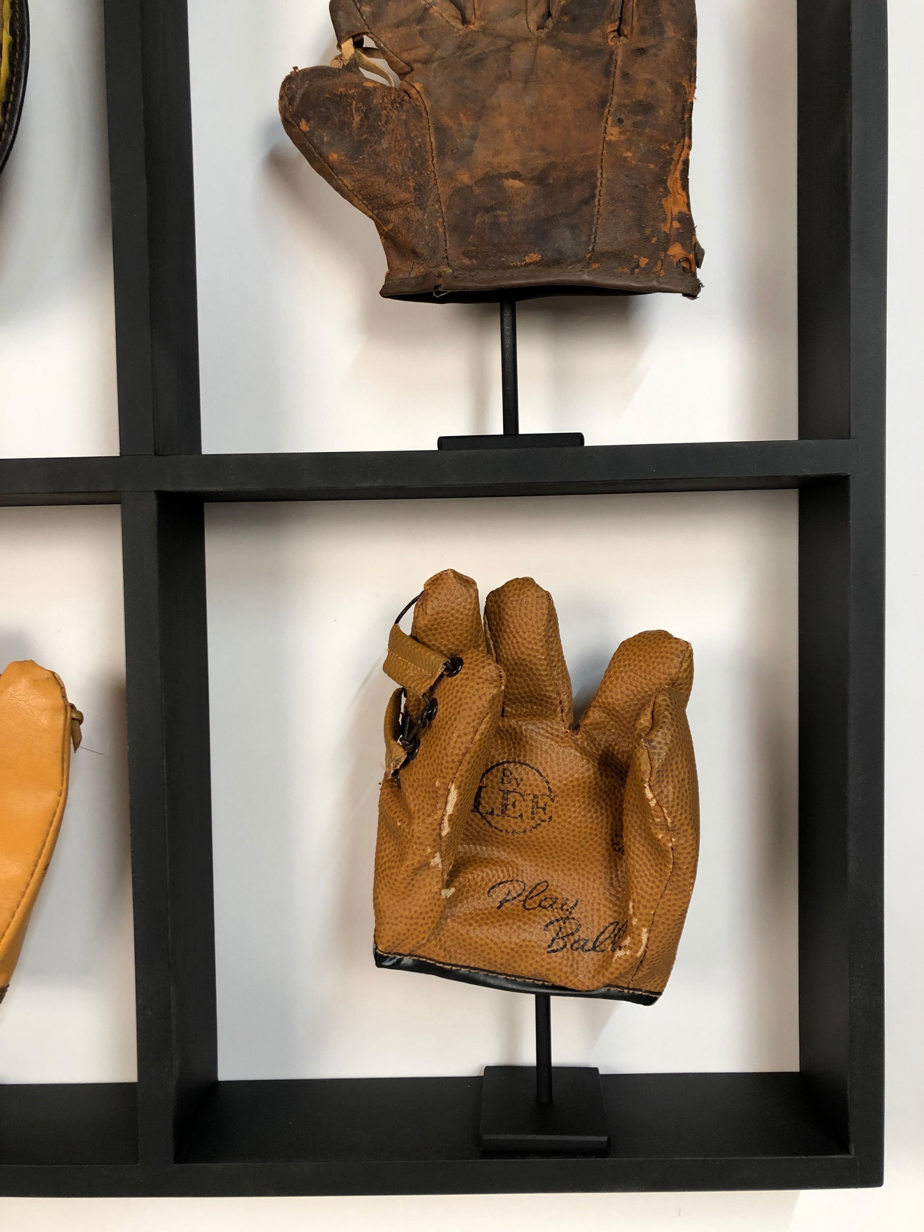 Set of Nine Rare Antique Small Children's Baseball Gloves in Custom Shadow Box In Good Condition In Stamford, CT