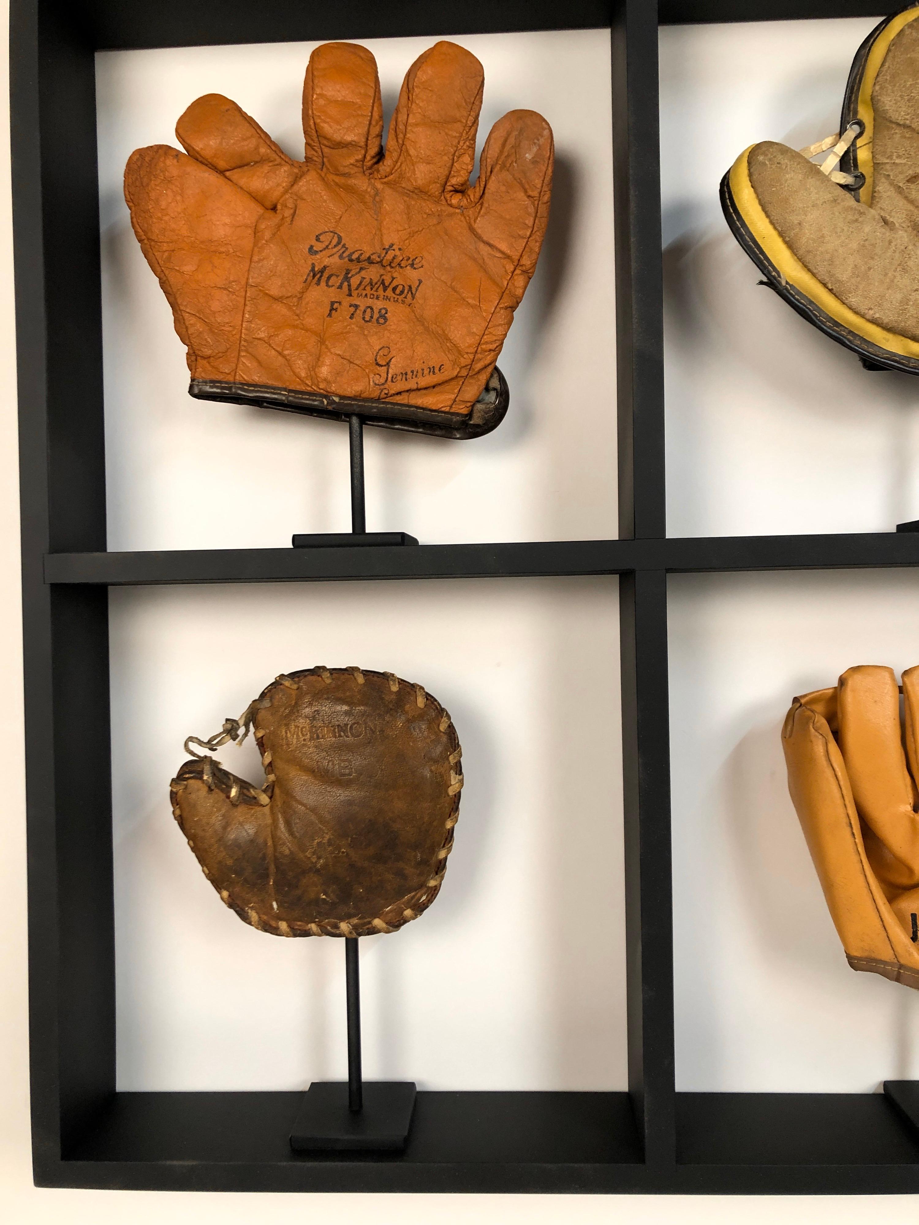 20th Century Set of Nine Rare Antique Small Children's Baseball Gloves in Custom Shadow Box