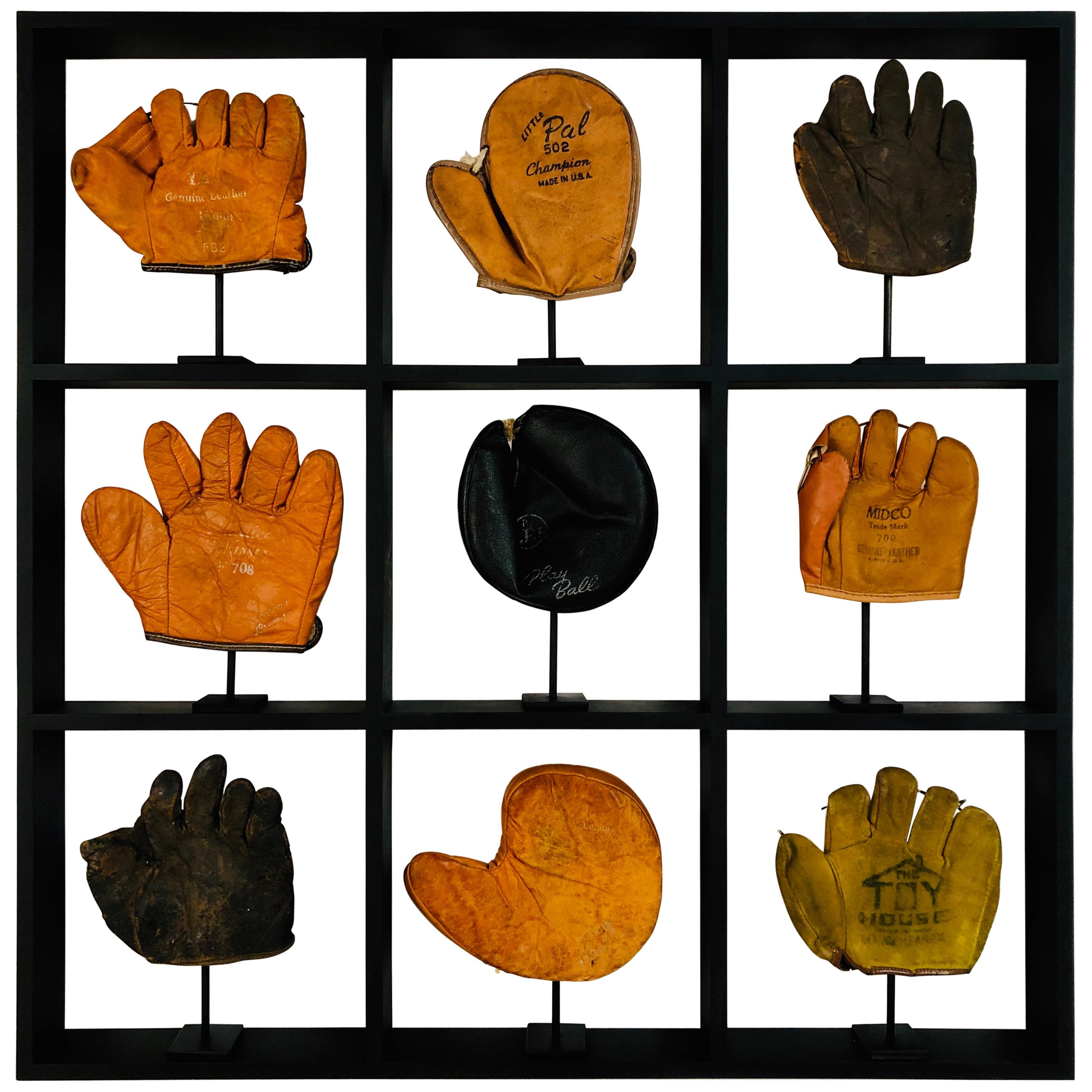 Set of Nine Rare Antique Small Children's Baseball Gloves in Custom Shadow Box
