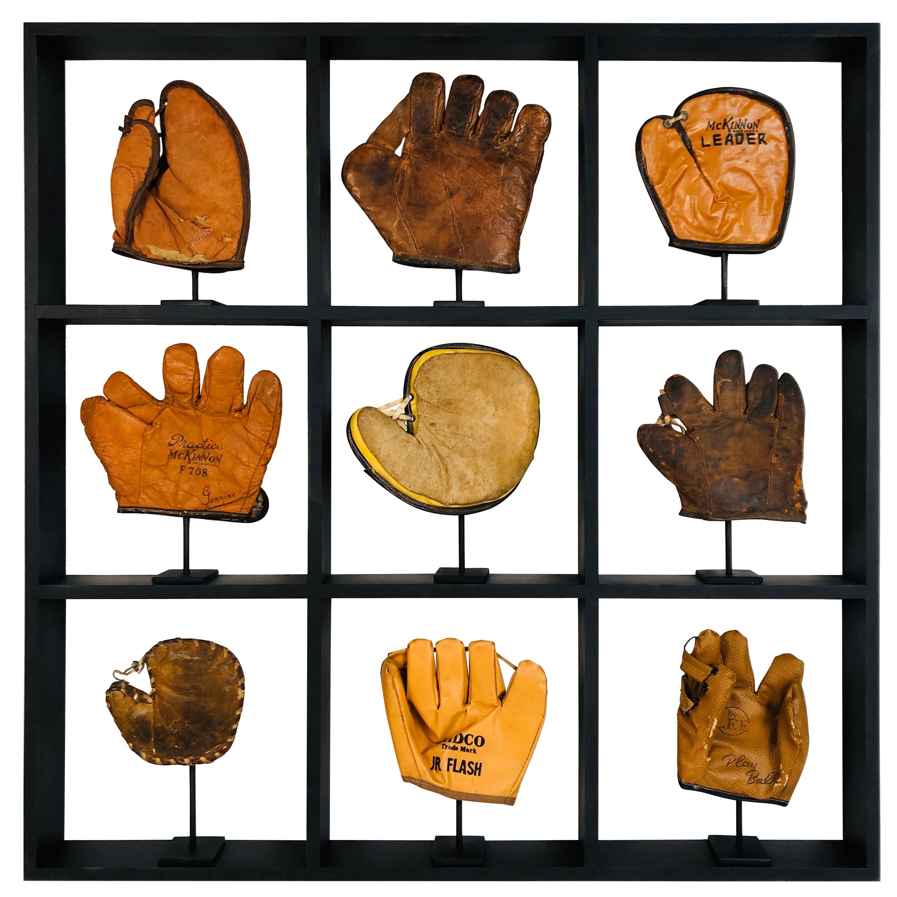 Set of Nine Rare Antique Small Children's Baseball Gloves in Custom Shadow Box