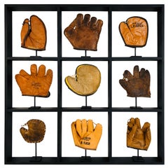 Set of Nine Rare Antique Small Children's Baseball Gloves in Custom Shadow Box