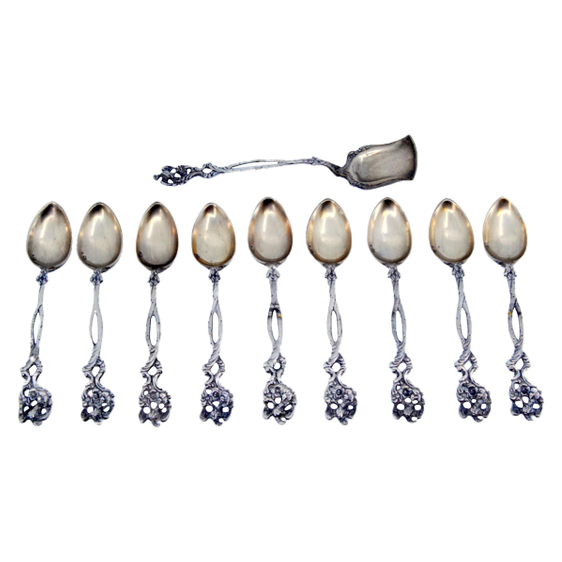 Set of nine silver coffee spoons and sugar scoop with scalloped handles