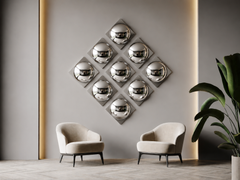 Set of Nine (9) Sixties Chrome Bubble Mirrors, Silver Acrylic, Convex
