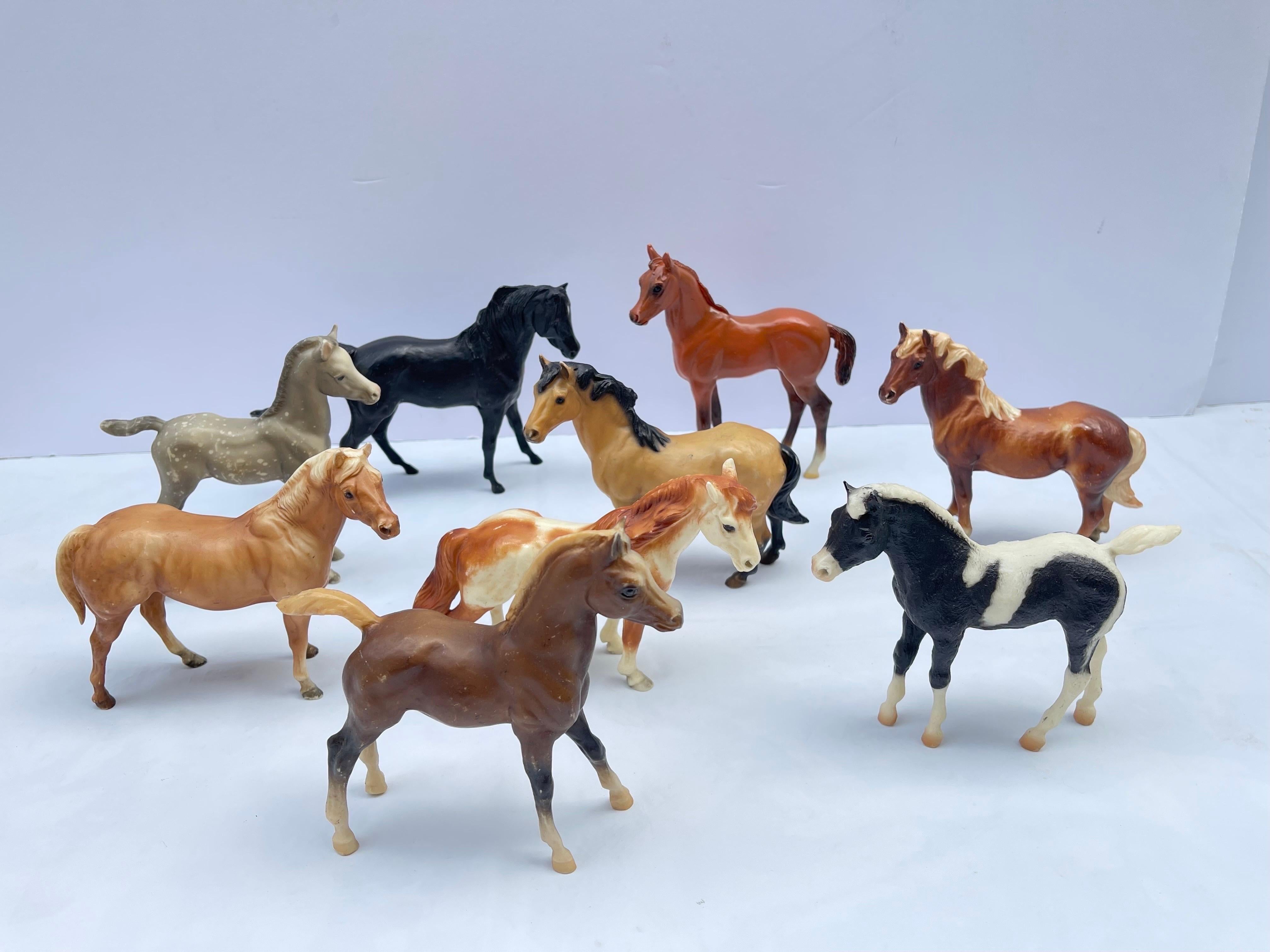 Set of Nine Small Breyer Style Horses (Box 6)
 The set consists of 9 small breyer horses , 4 are marked Breyer , 1  is marked Blue Box and 4 are unmarked . Sizes vary by inches. Not all are exactly the same dimension. Perfect gift for that horse
