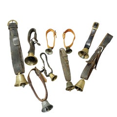 Set of Nine Swiss Alpine Goat and Sheep Bells with Leather Straps