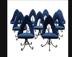 Set of Nine Swivel Dining Chairs by Antarenni Ny, Wrought Iron, Retro Vintage