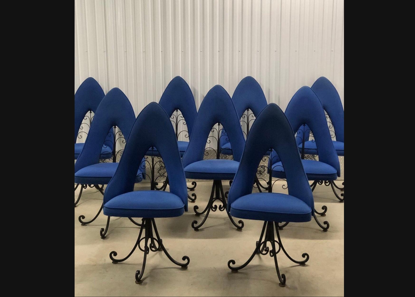 Mid-Century Modern Ensemble de neuf chaises de salle à manger pivotantes par Antarenni Ny, fer forgé, rétro vintage en vente