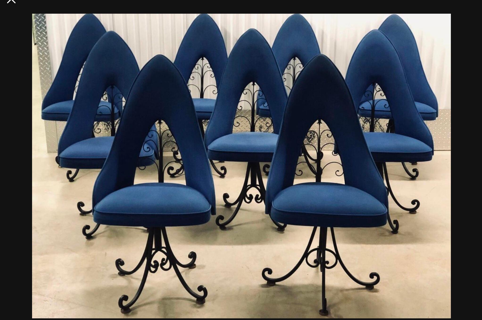 Milieu du XXe siècle Ensemble de neuf chaises de salle à manger pivotantes par Antarenni Ny, fer forgé, rétro vintage en vente