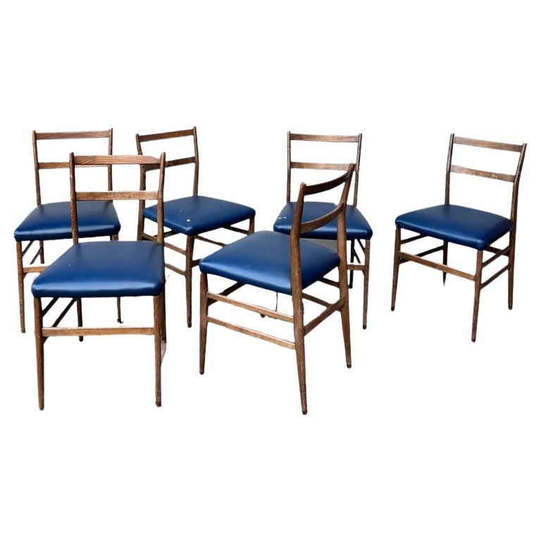 Set of Nine Vintage Gio Ponti Leggera Dining Chairs in Blue Leather, Collectible For Sale