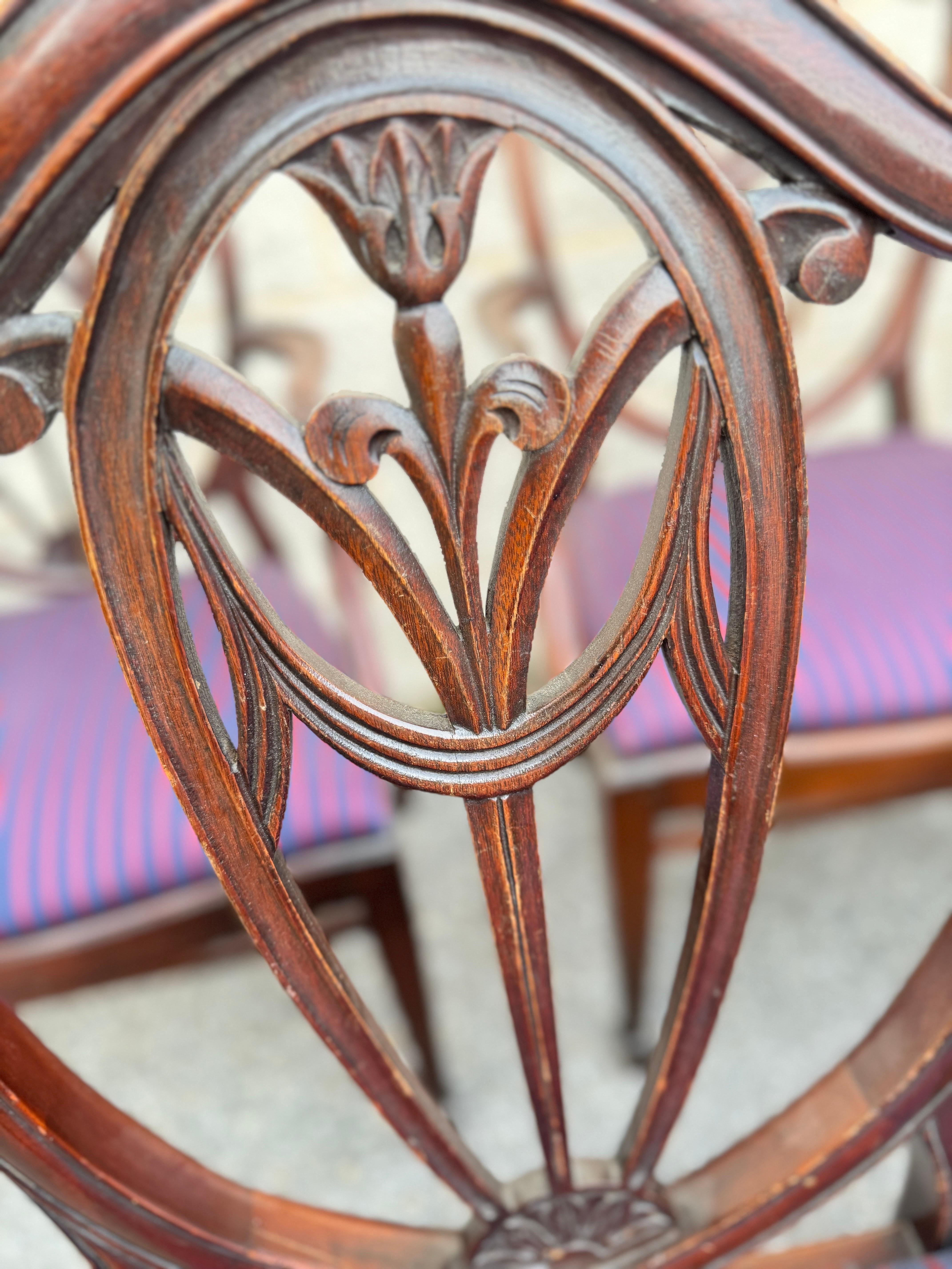 Set of Nine Vintage Sheraton Style Carved Shield Back Dining Chairs For Sale 4