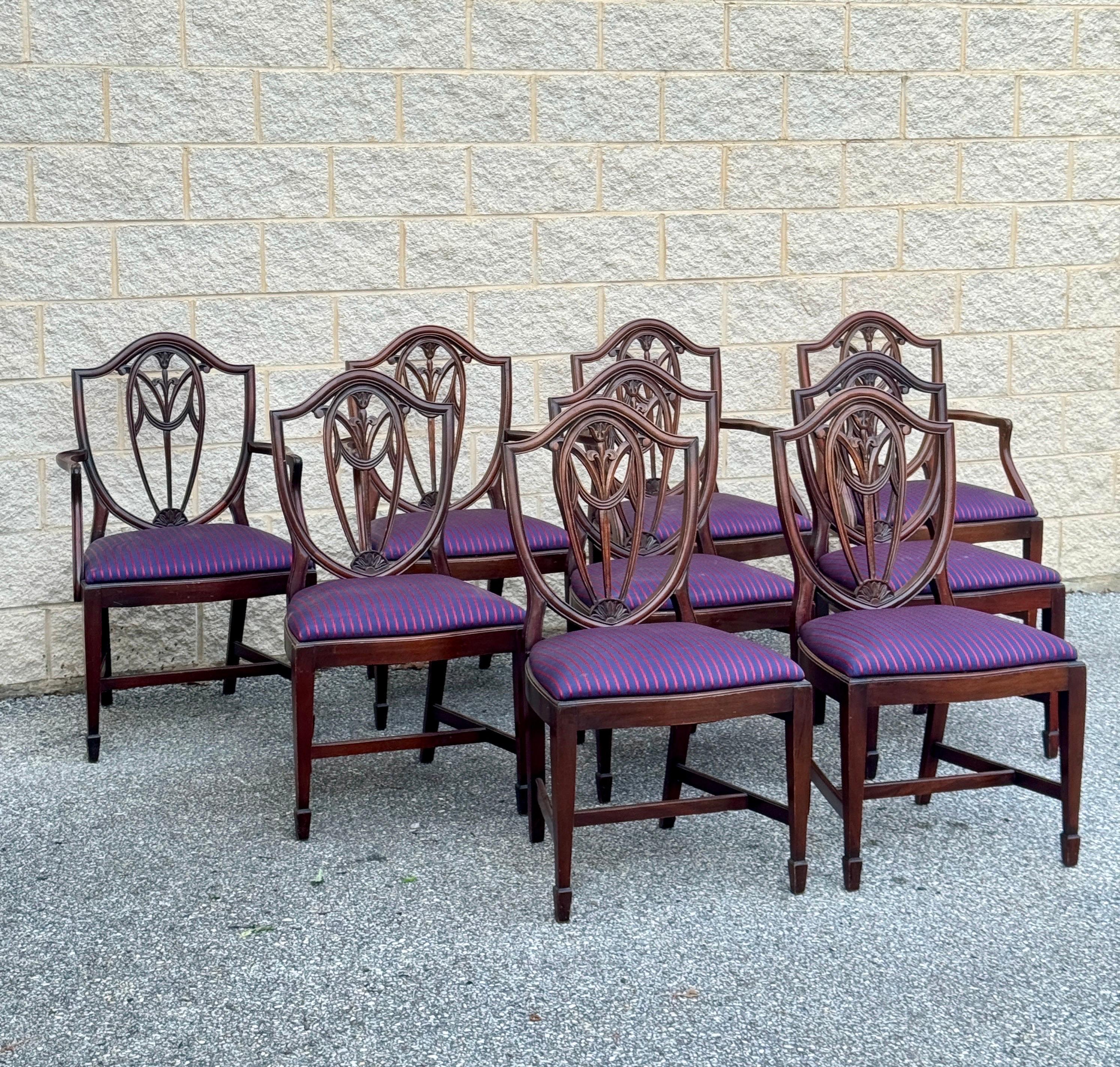 Gorgeous Set of Nine Sheraton Style Carved Shield Back Dining Chairs with Striped Upholstery


