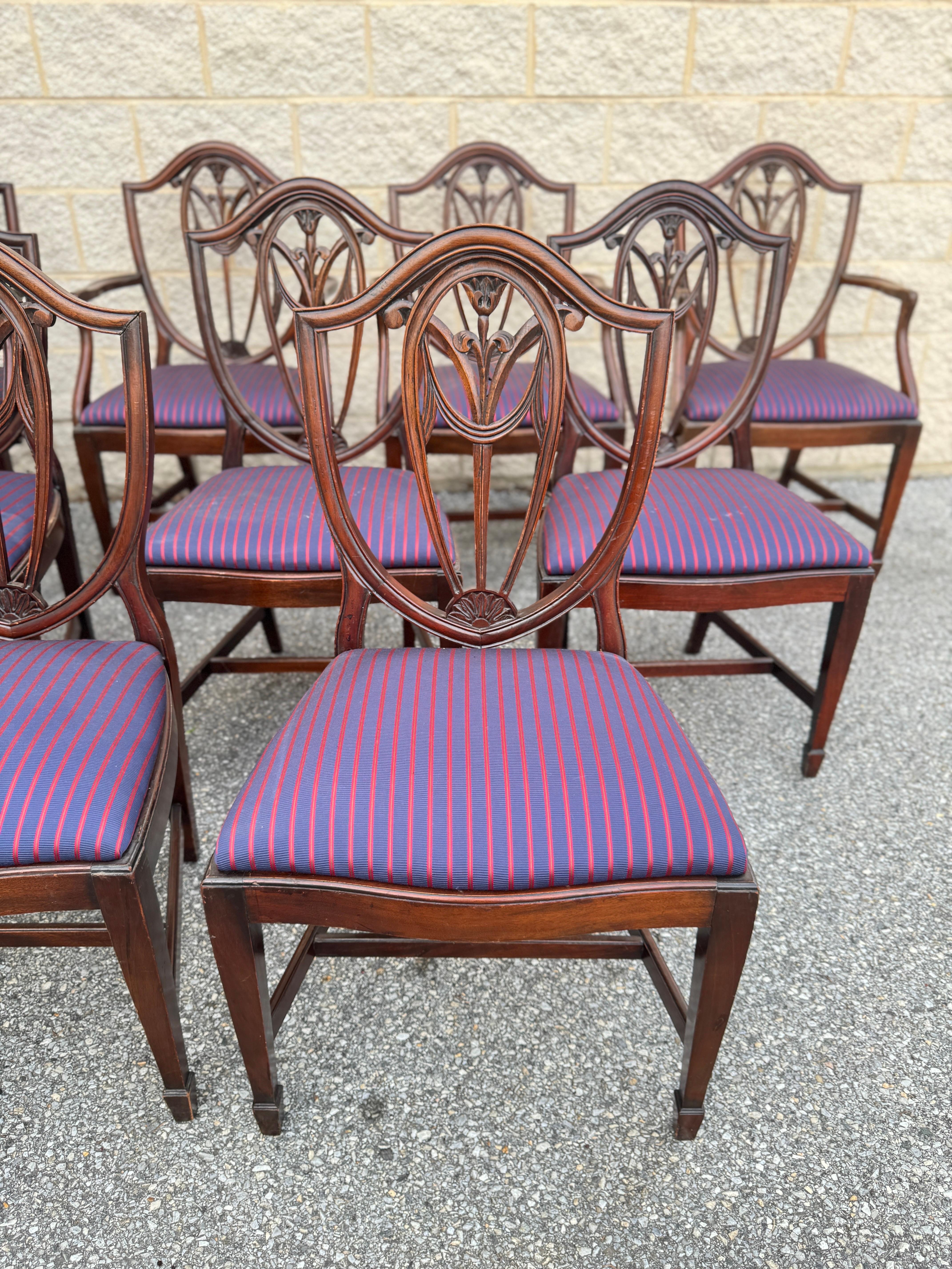 20th Century Set of Nine Vintage Sheraton Style Carved Shield Back Dining Chairs For Sale