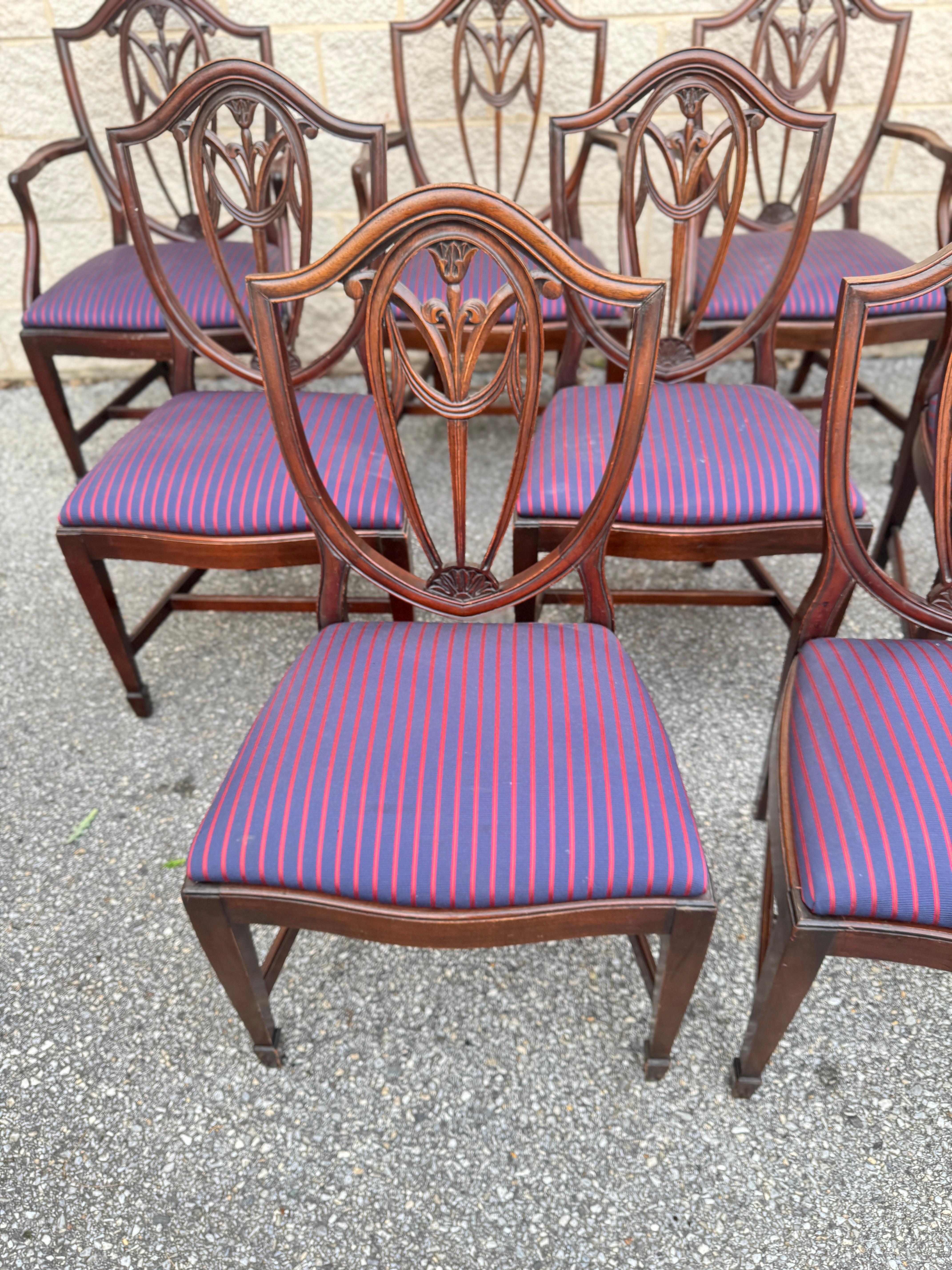 Upholstery Set of Nine Vintage Sheraton Style Carved Shield Back Dining Chairs For Sale