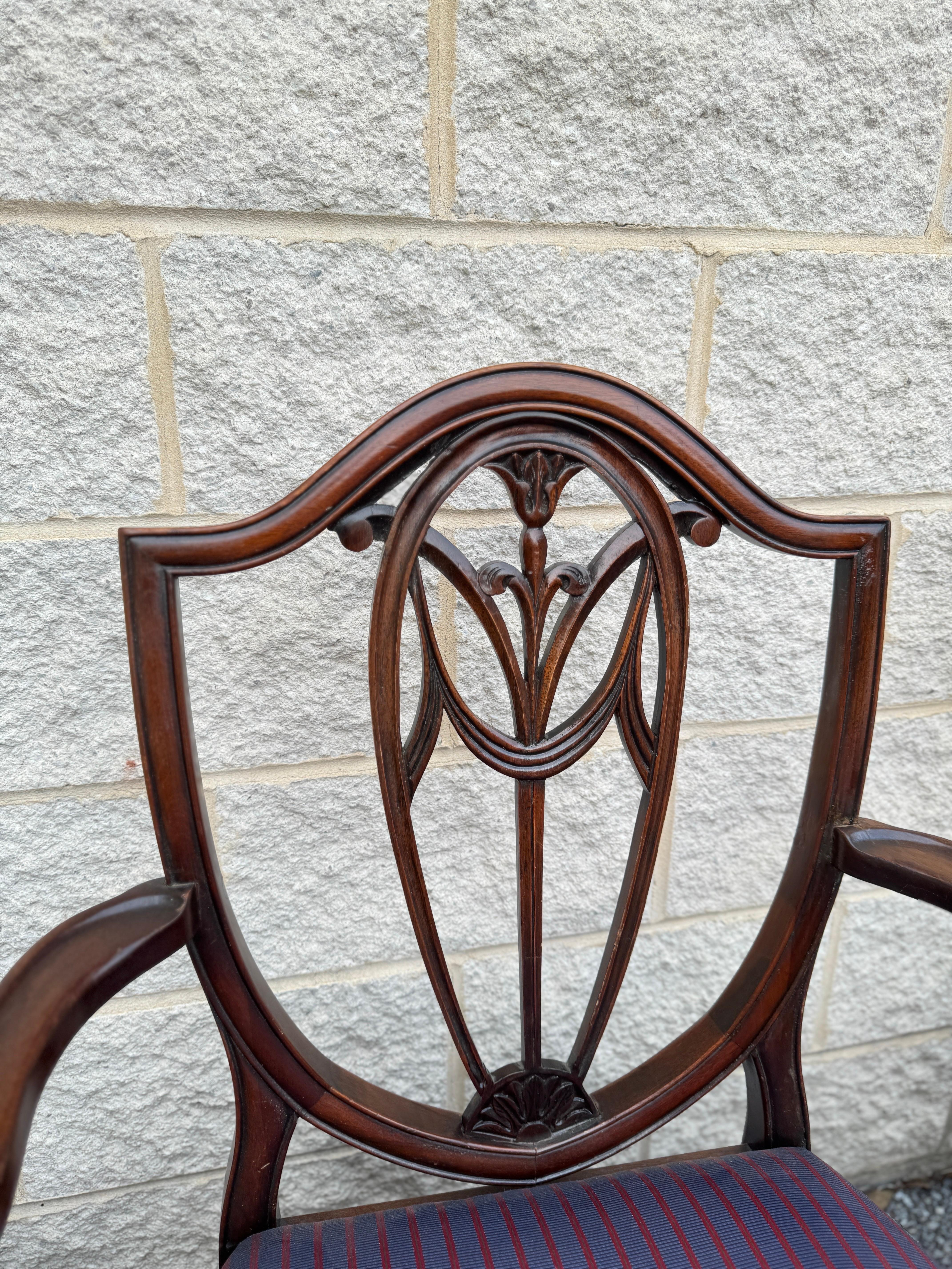 Set of Nine Vintage Sheraton Style Carved Shield Back Dining Chairs For Sale 1