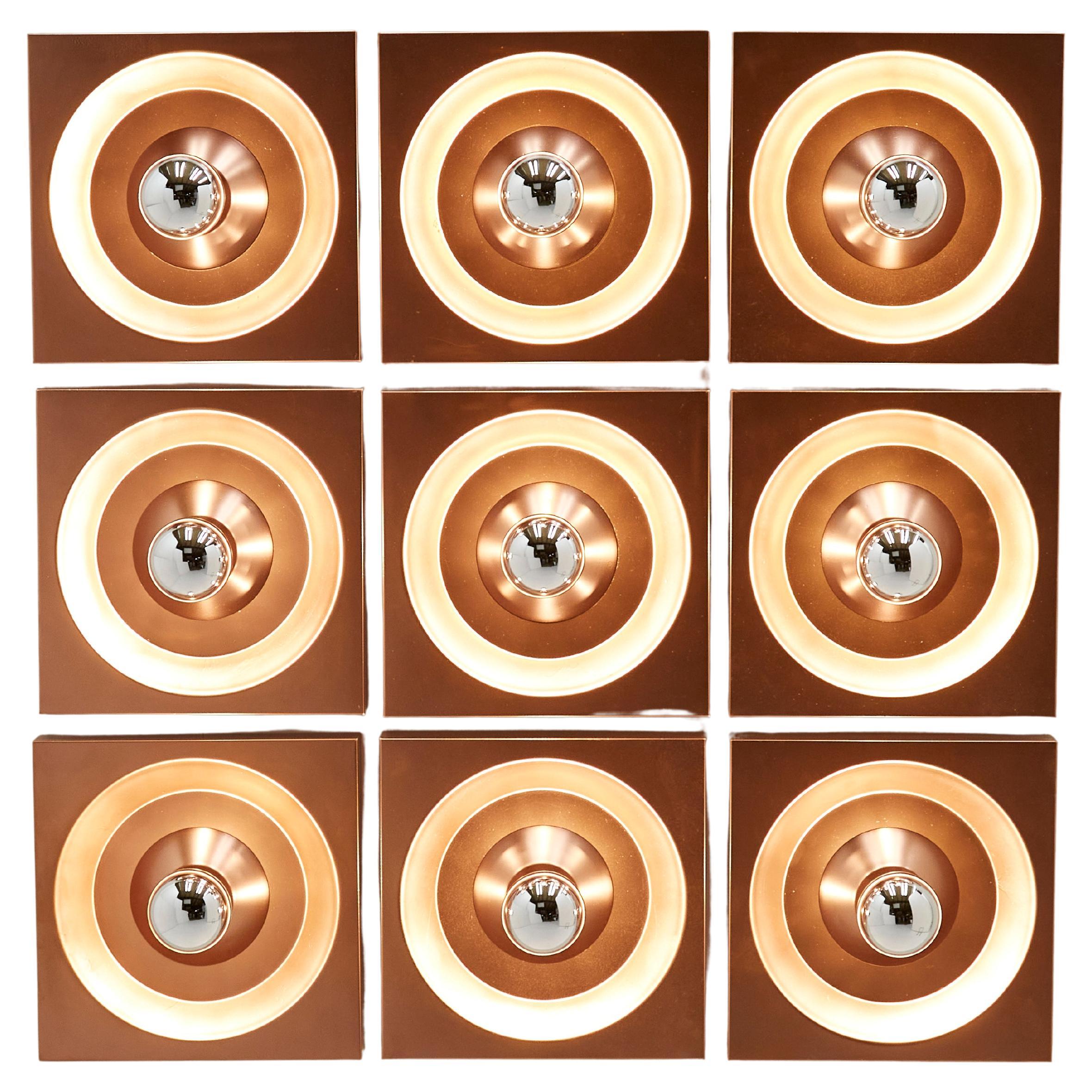 Set of nine wall lamps copper Klaus Hempel for Kaiser Leuchten 1970